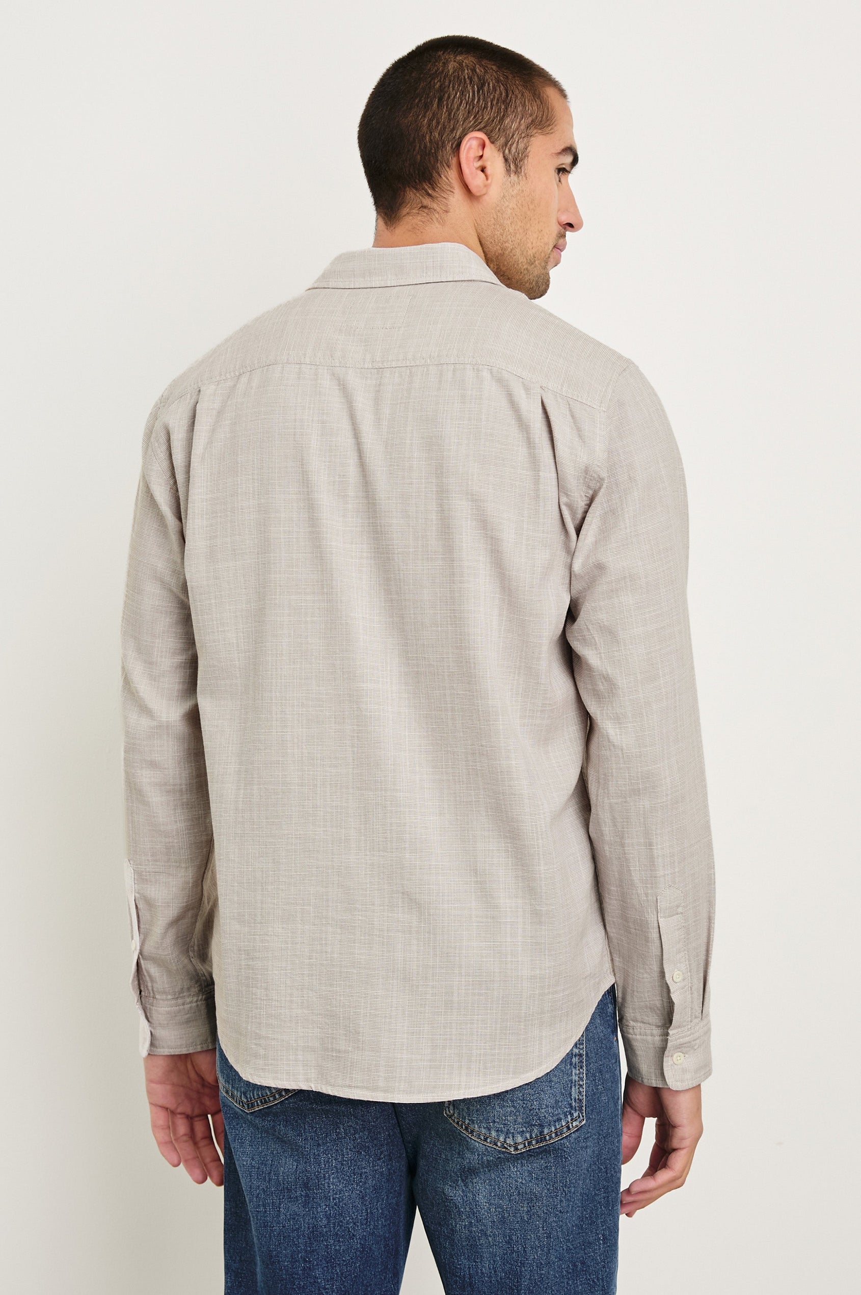 Wyatt Classic Button Up Long Sleeve Shirt in Tahini Etch - back view on model