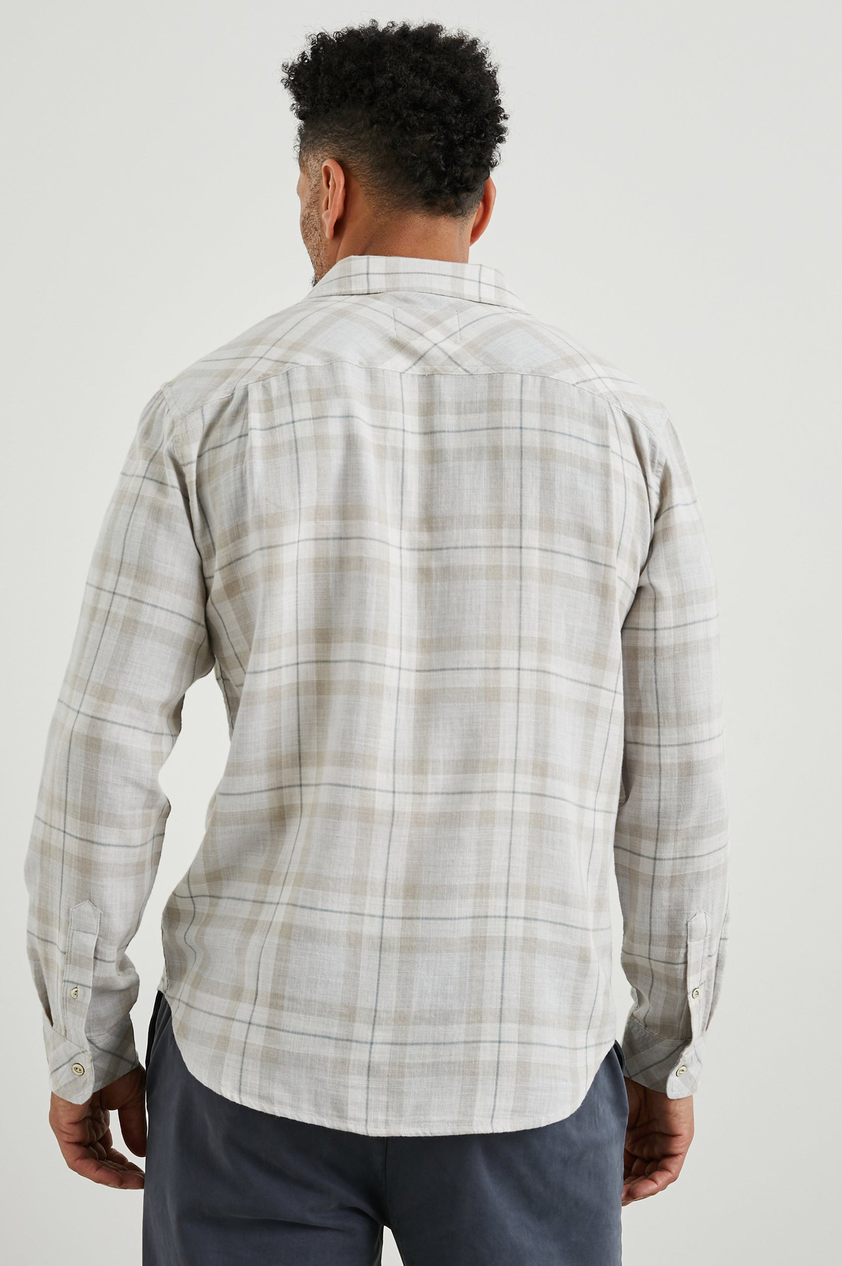 Wyatt Long-Sleeve Button Up with a Chest Patch Pocket in Tapir Agave Melange Colorway, a Tapir, Agave and cream plaid - Back View Featured on Model