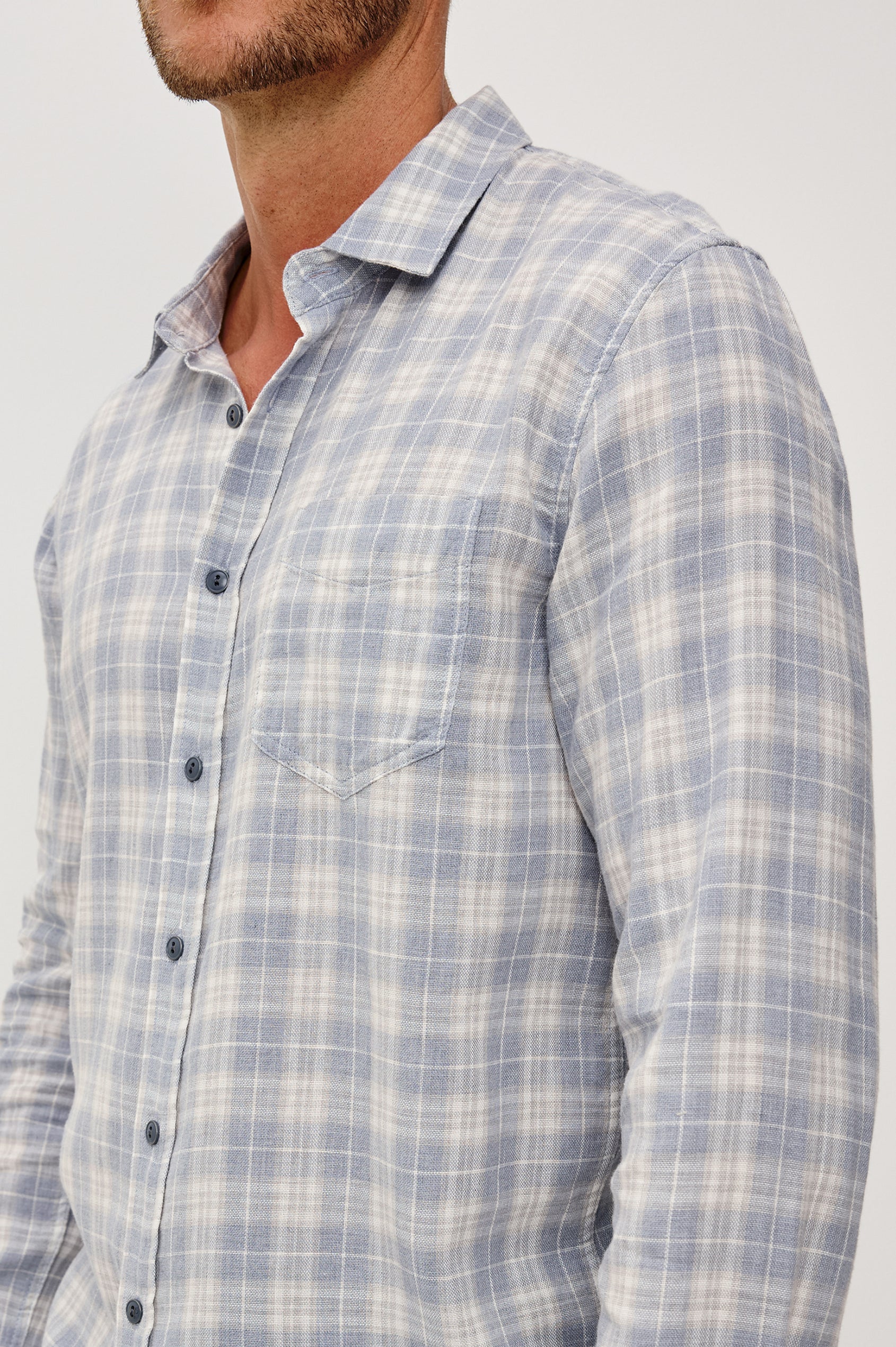 Wyatt Button Front Shirt in Soft Cotton Slub With Collar, Chest Patch Pocket, Long Sleeves, and Relaxed Fit in Cloud Cream Colorway - Upper Body Close Up Front View Featured on Model