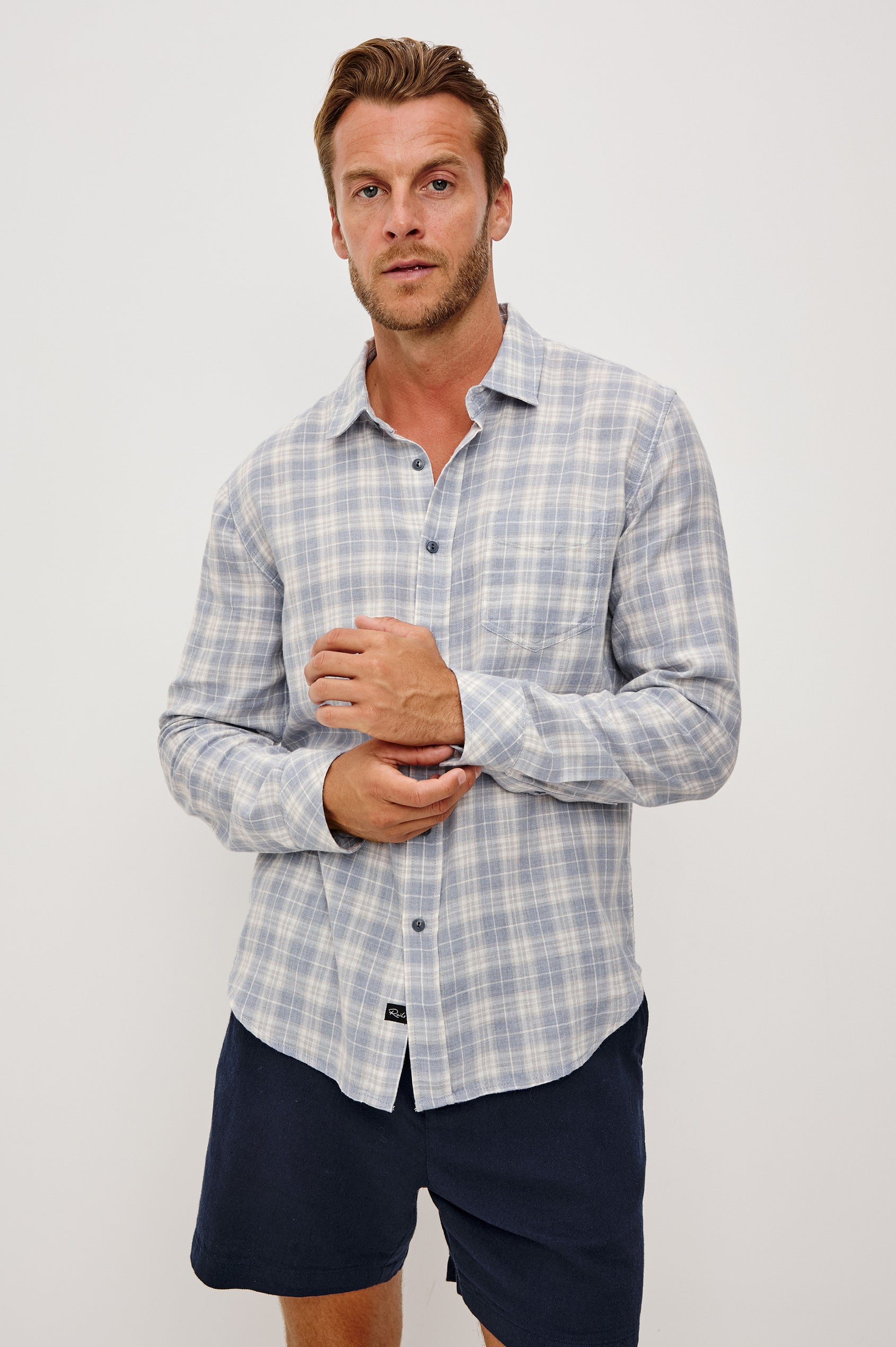 Wyatt Button Front Shirt in Soft Cotton Slub With Collar, Chest Patch Pocket, Long Sleeves, and Relaxed Fit in Cloud Cream Colorway - Upper Body Front View Featured on Model