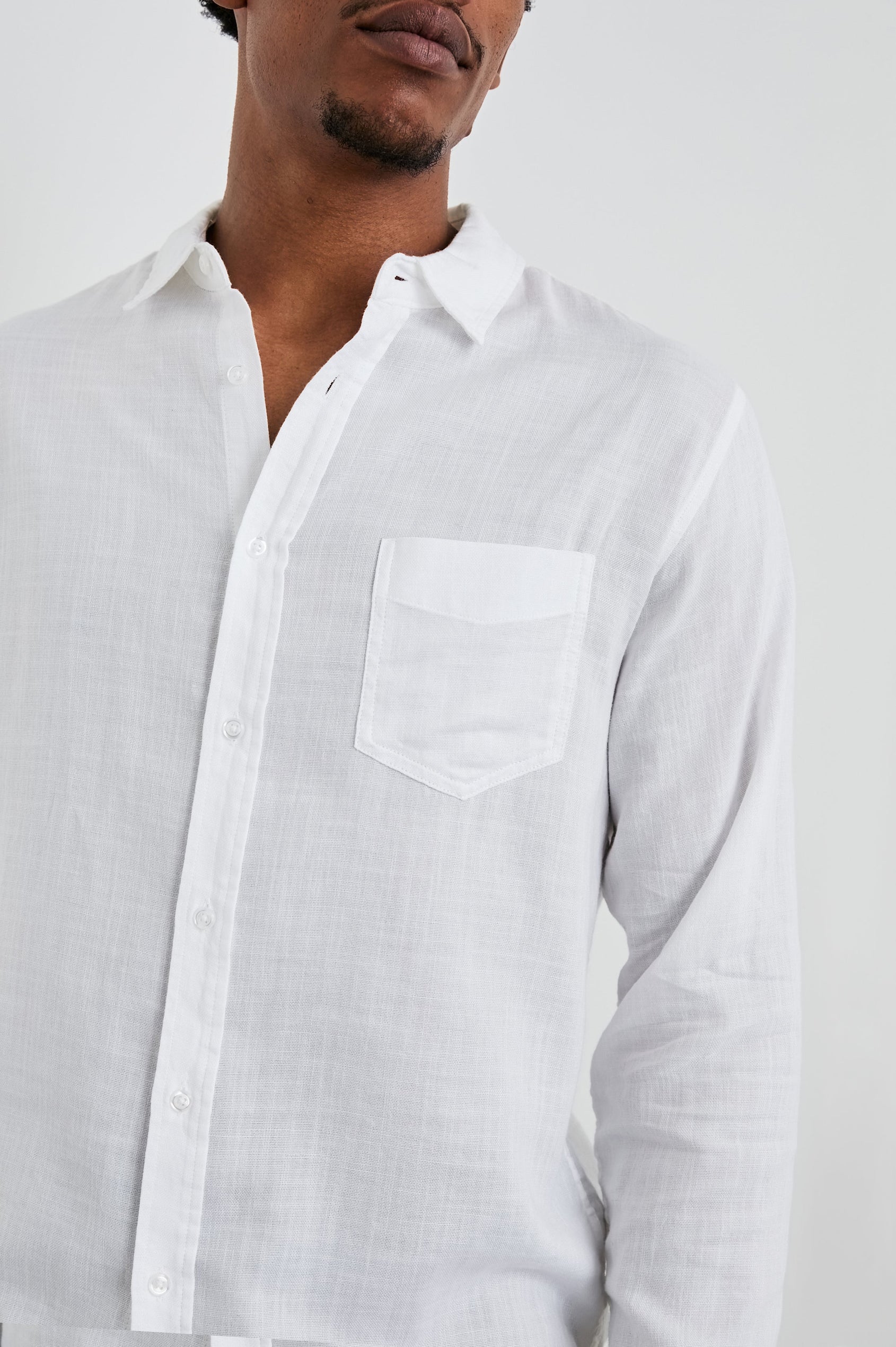 Wyatt Classic Button Up Long Sleeve Shirt with collar and front chest pocket in White - close up details