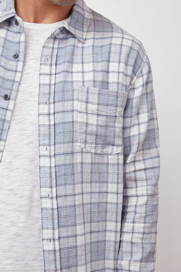 WYATT SEAGLASS MELANGE LONG SLEEVE BUTTON DOWN- FRONT  DETAIL UNBUTTONED