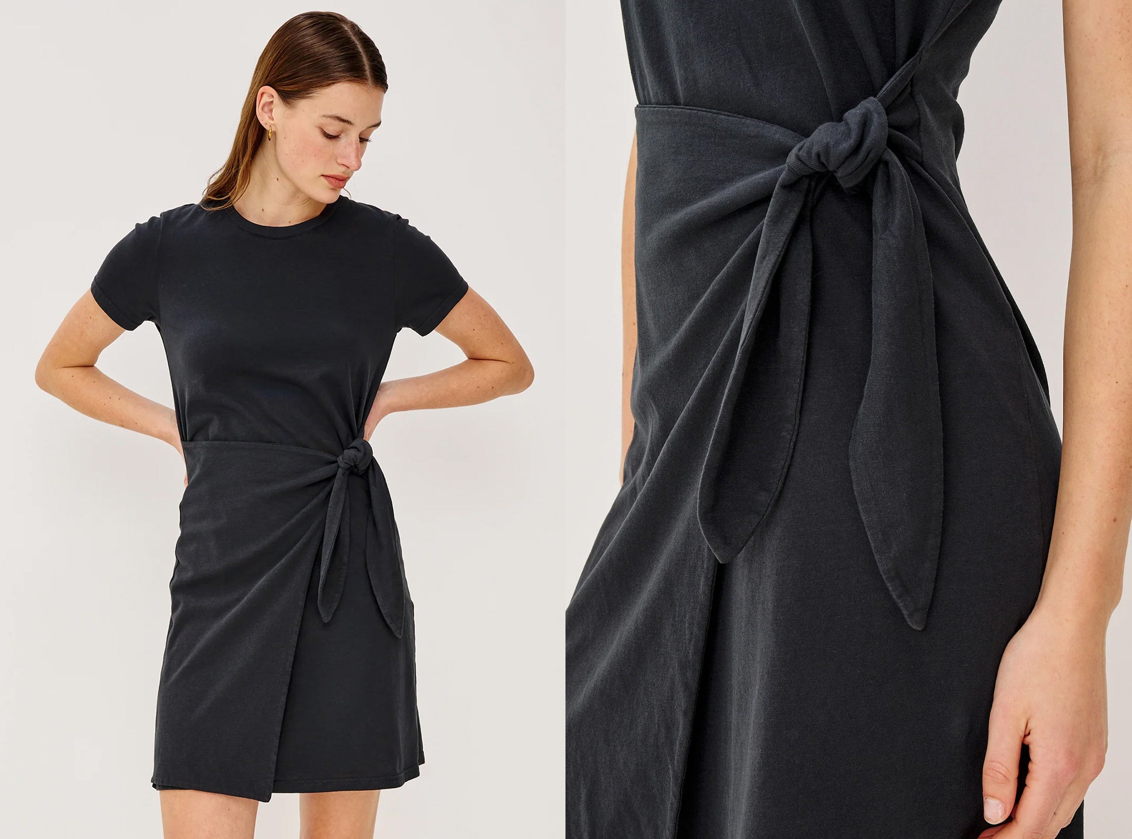 Woman wearing a black dress with a knot detail on a white background.