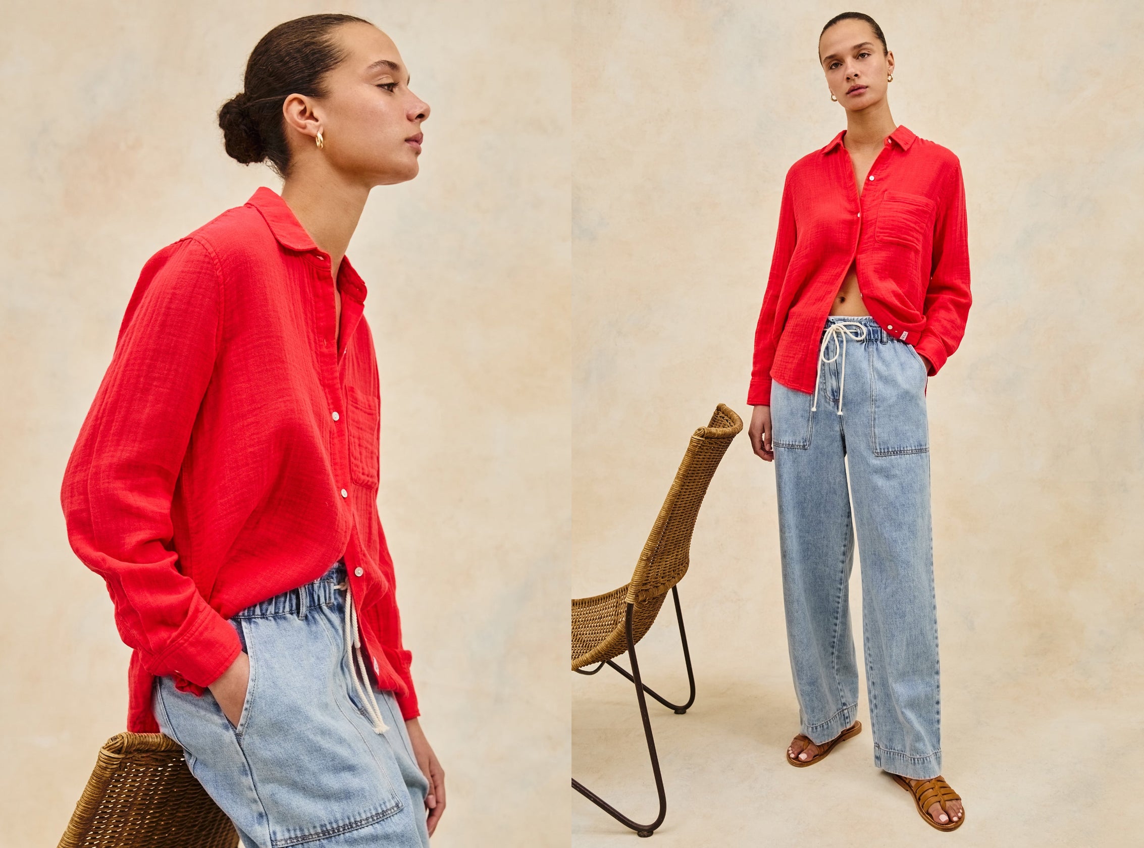 Woman wearing a red shirt and blue jeans against a beige background.