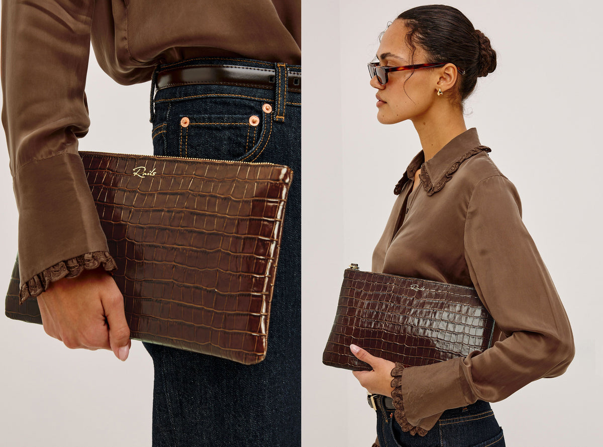 A split-view lifestyle image showing a model in a brown ruffled blouse and jeans holding a dark brown crocodile-embossed clutch bag. The left panel is a close-up of the clutch being held, and the right panel shows the model in profile wearing sunglasses and holding the clutch against a light gray background.