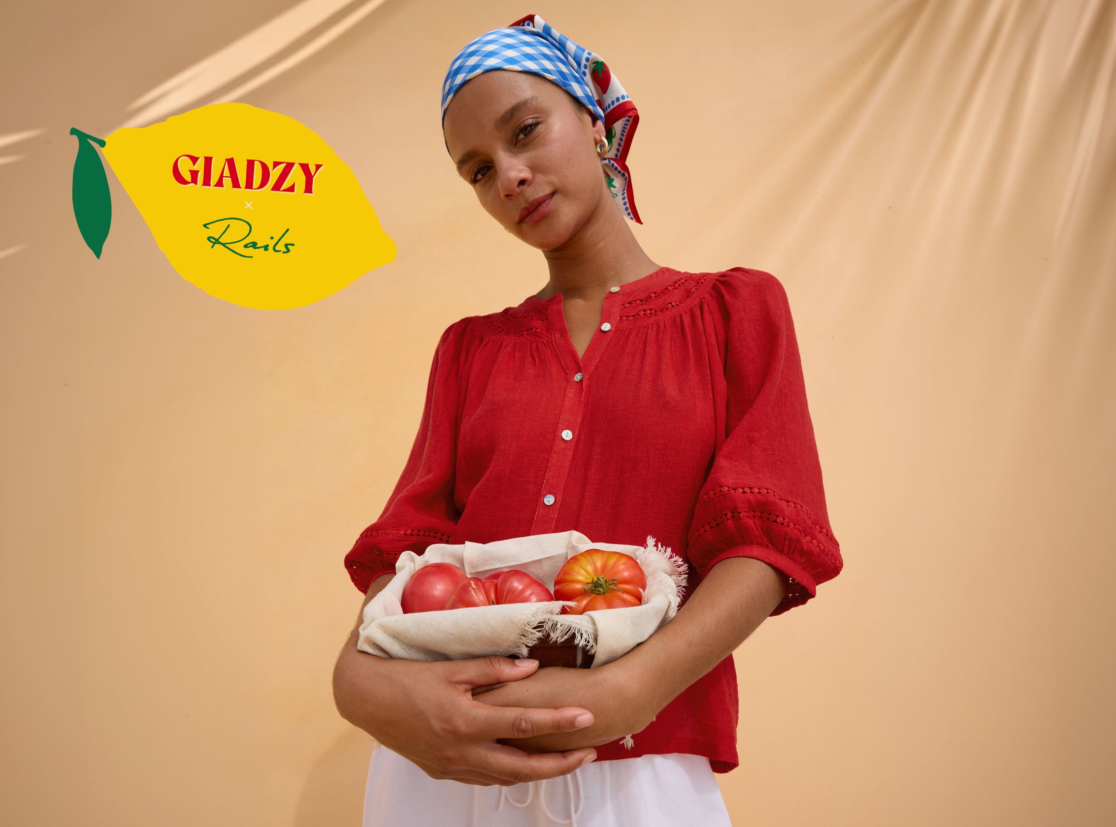 Woman holding a basket of tomatoes with 'Gladzy' logo on beige background