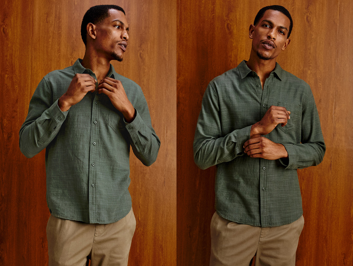 Man wearing a green button down shirt with brown pants posing against a brown wooden background.