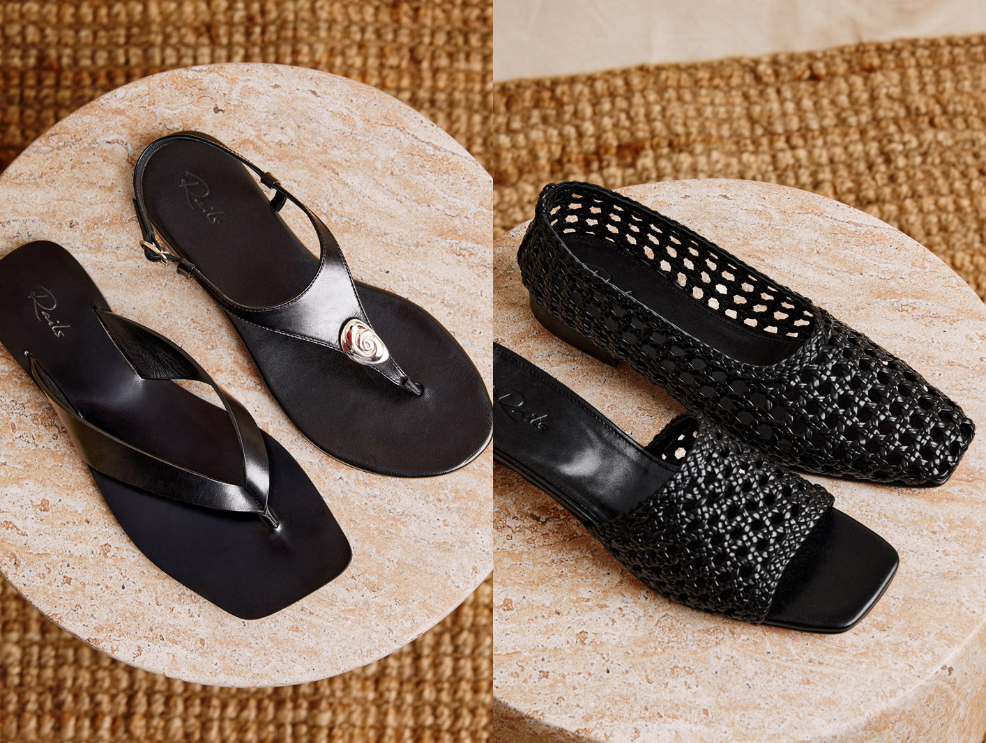Black sandals with decorative elements on a textured surface