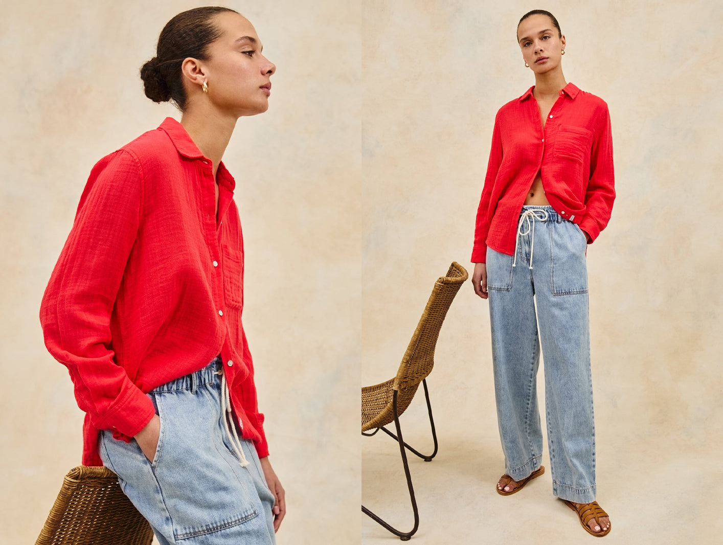 Woman wearing a red shirt and blue jeans against a beige background.