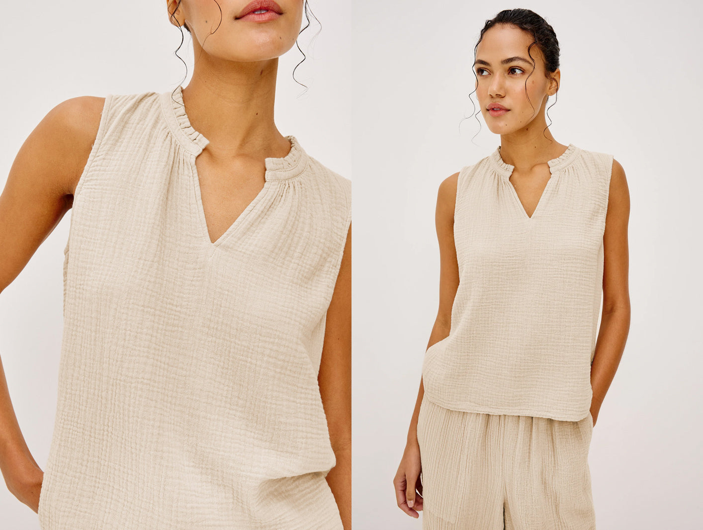 A woman modeling a sleeveless textured knit top in a warm off-white/cream color, shown in a split close-up and full-body view against a plain light background.
