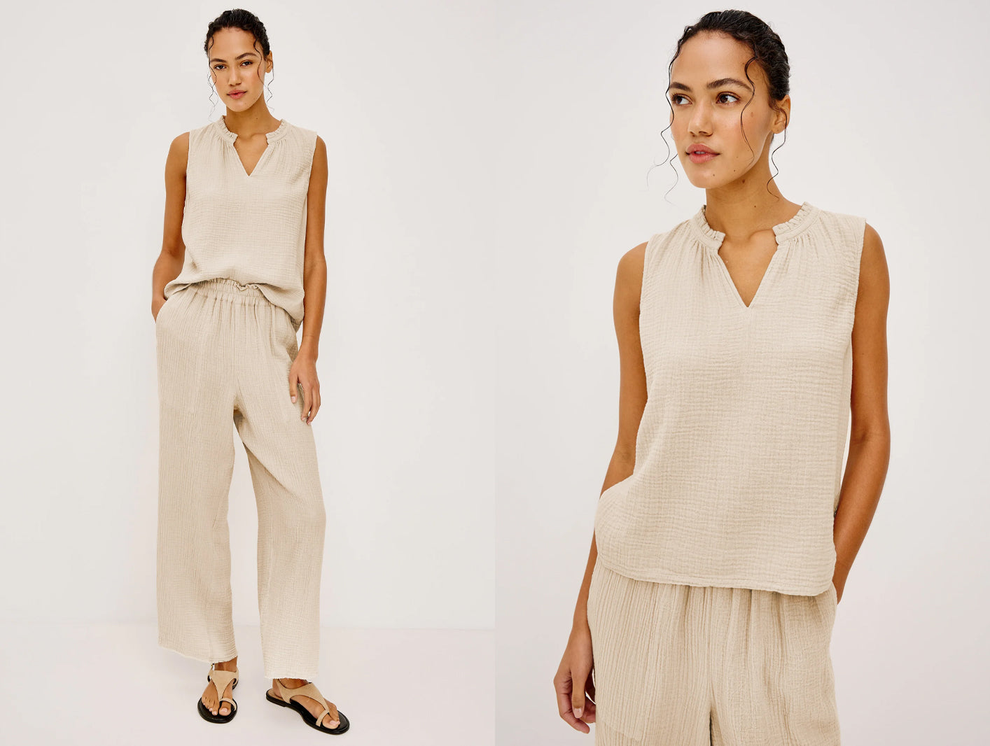 Woman wearing a beige gauze set against a white background 