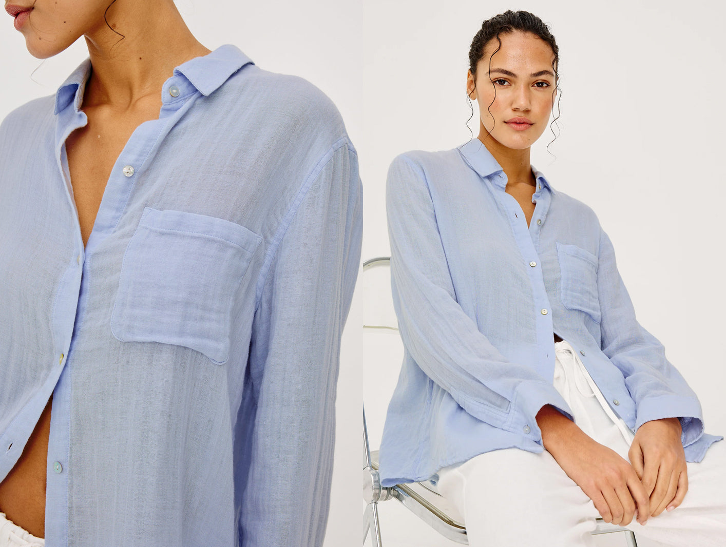 Woman wearing a light blue shirt with a close-up of the fabric on a white background