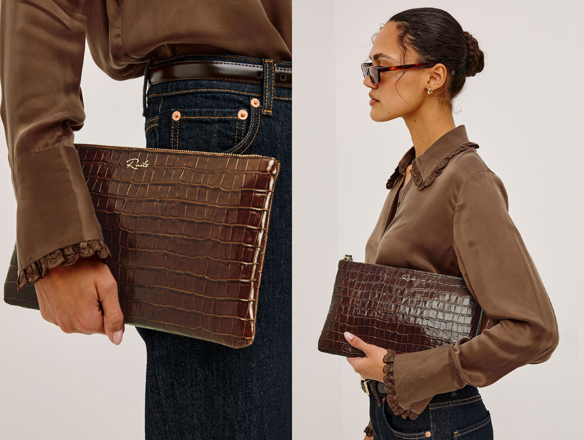 A split-view lifestyle image showing a model in a brown ruffled blouse and jeans holding a dark brown crocodile-embossed clutch bag. The left panel is a close-up of the clutch being held, and the right panel shows the model in profile wearing sunglasses and holding the clutch against a light gray background.