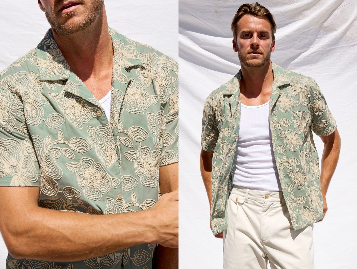 Man wearing a patterned shirt over a white t-shirt with light-colored pants against a white background