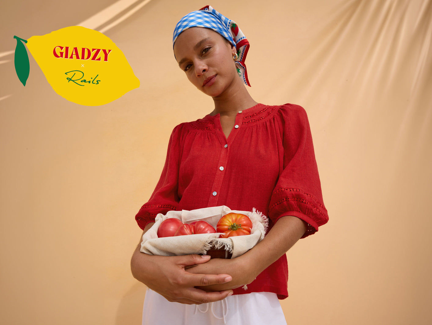Woman holding a basket of tomatoes with 'Gladzy' logo on beige background