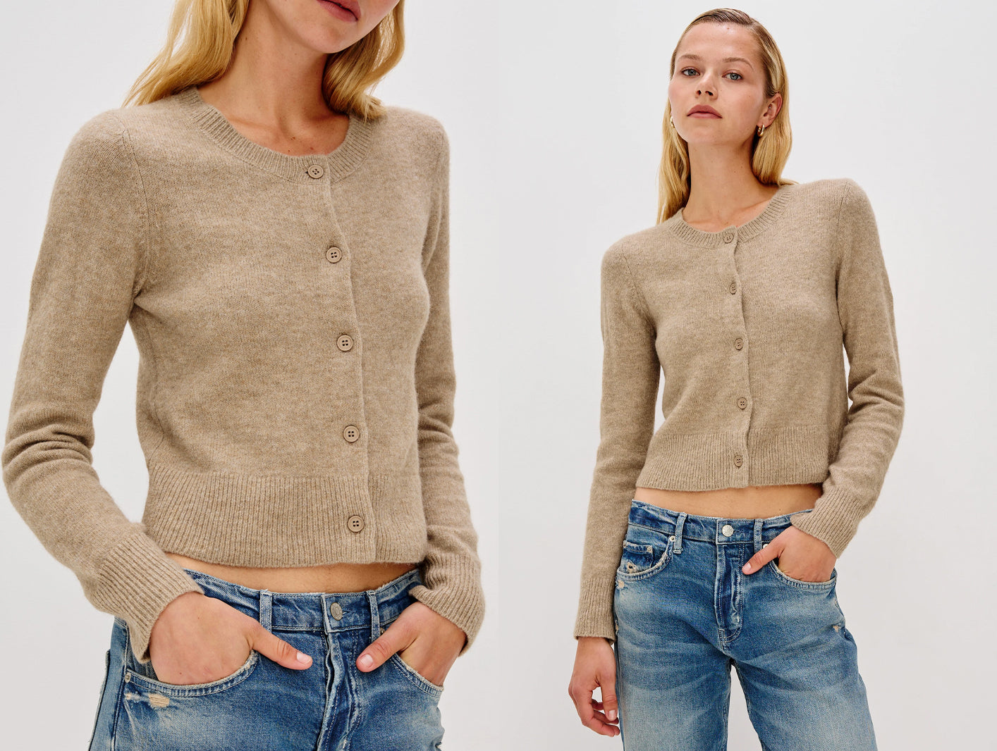 Woman wearing an essential oatmeal beige sweater with blue jeans.