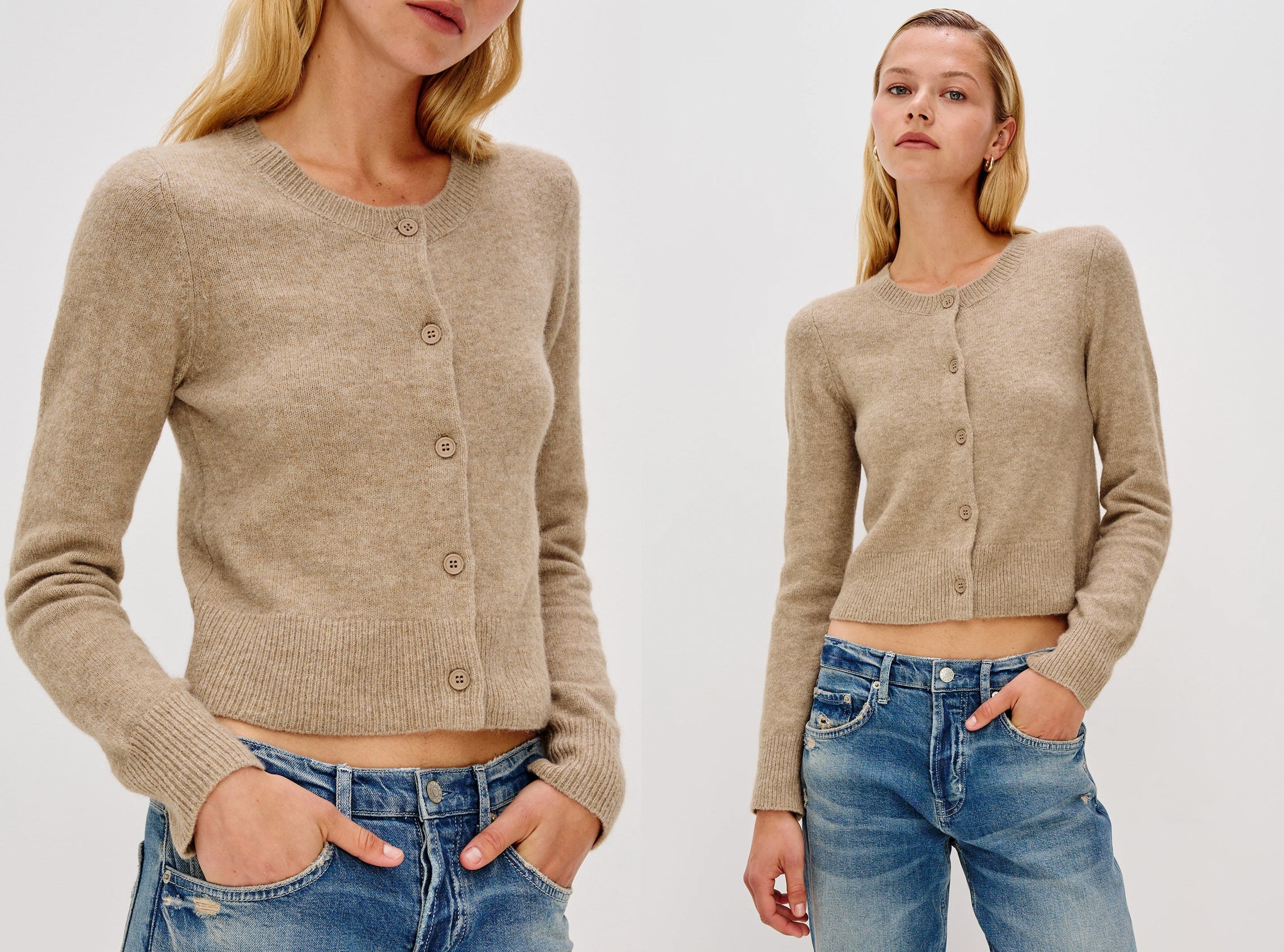 Woman wearing an essential oatmeal beige sweater with blue jeans.