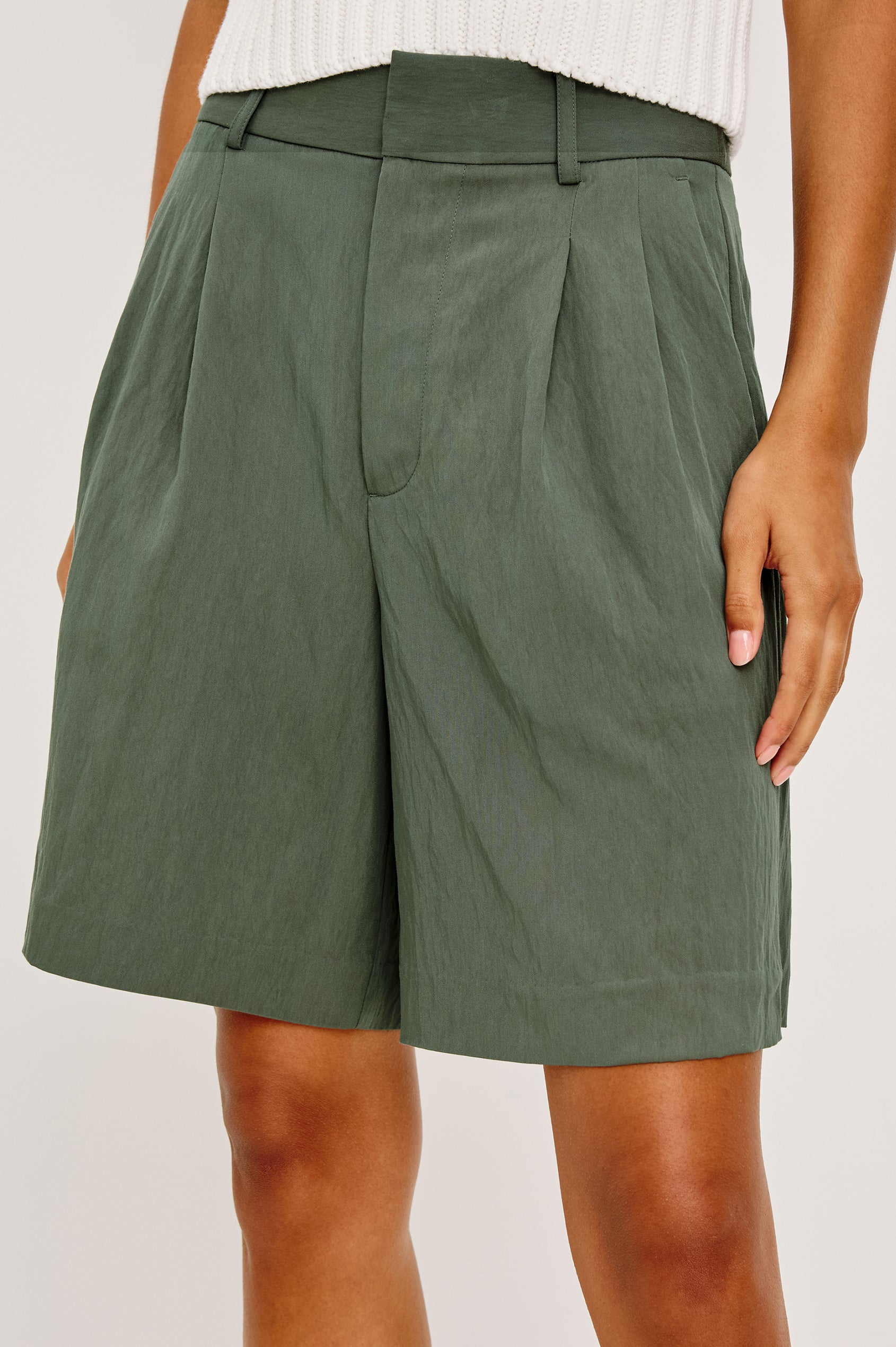 Zamora High-Waist Mid-Length Short With Front Zip Fly, Belt Loops, and Front Pleats in Ivy Colorway - Lower Body Front View Featured on Model