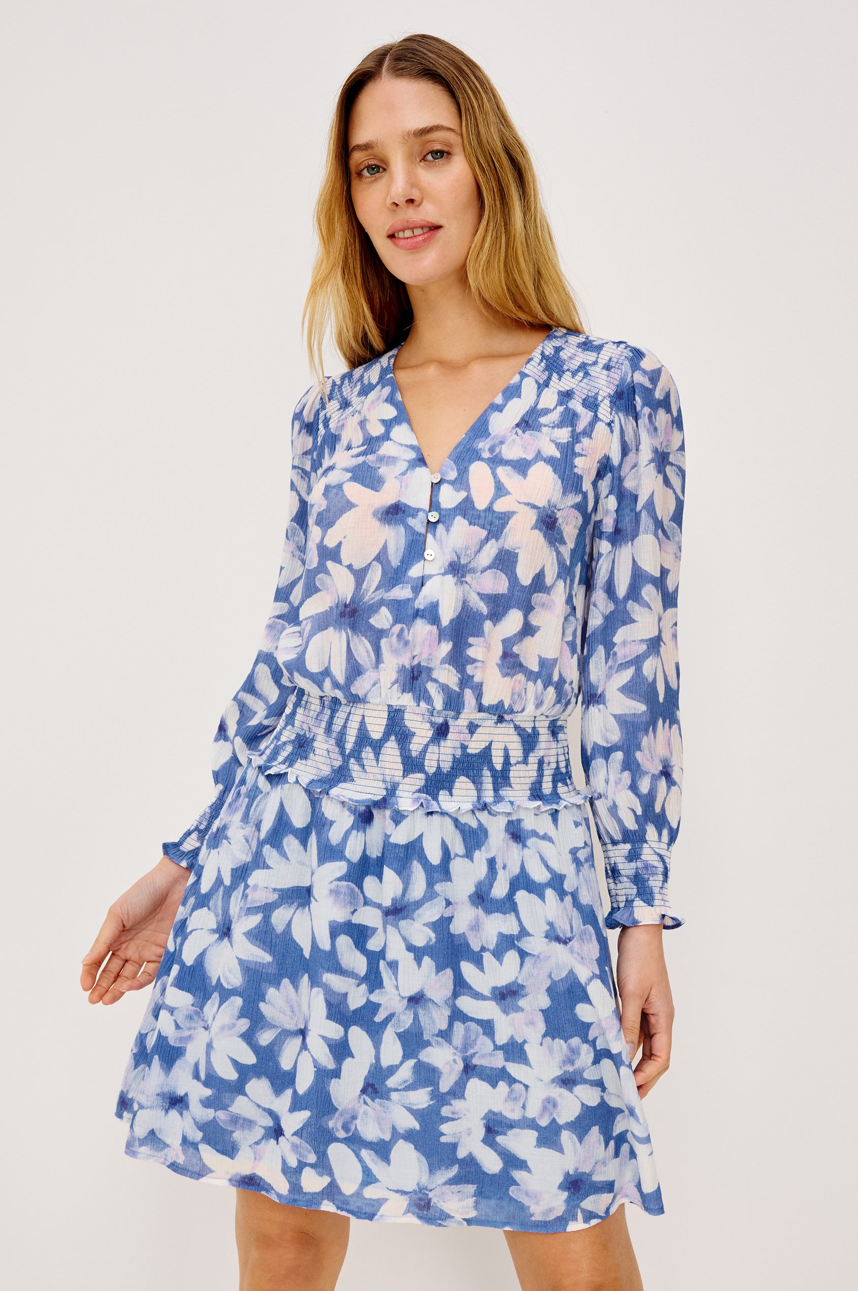 Zana Mini Dress in Chiffon With Long Billowing Sleeves Flowing Silhouette, Lined Skirt, Front Button-and-Loop Closures, and Smocked Detailing in Blue Amaranth Colorway - Upper Body Front View Featured on Model