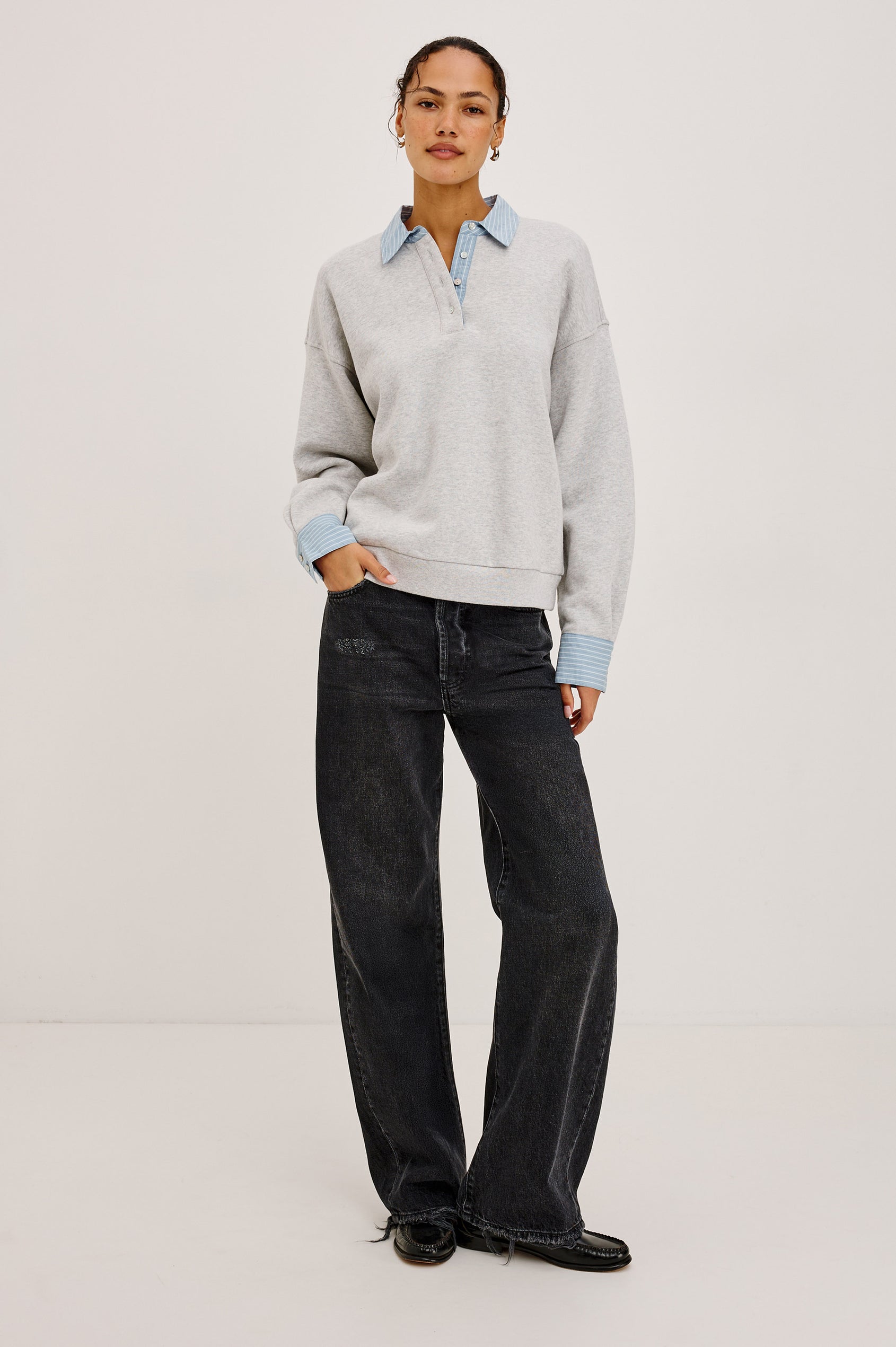 Zavier Sweatershirt in French Terry in Relaxed Slightly Cropped Fit, Contrast Poplin Collar and Cuffs, Quarter-Button Placket, and Ribbed Hem in Heather Grey Colorway - Full Body Front View Featured on Model