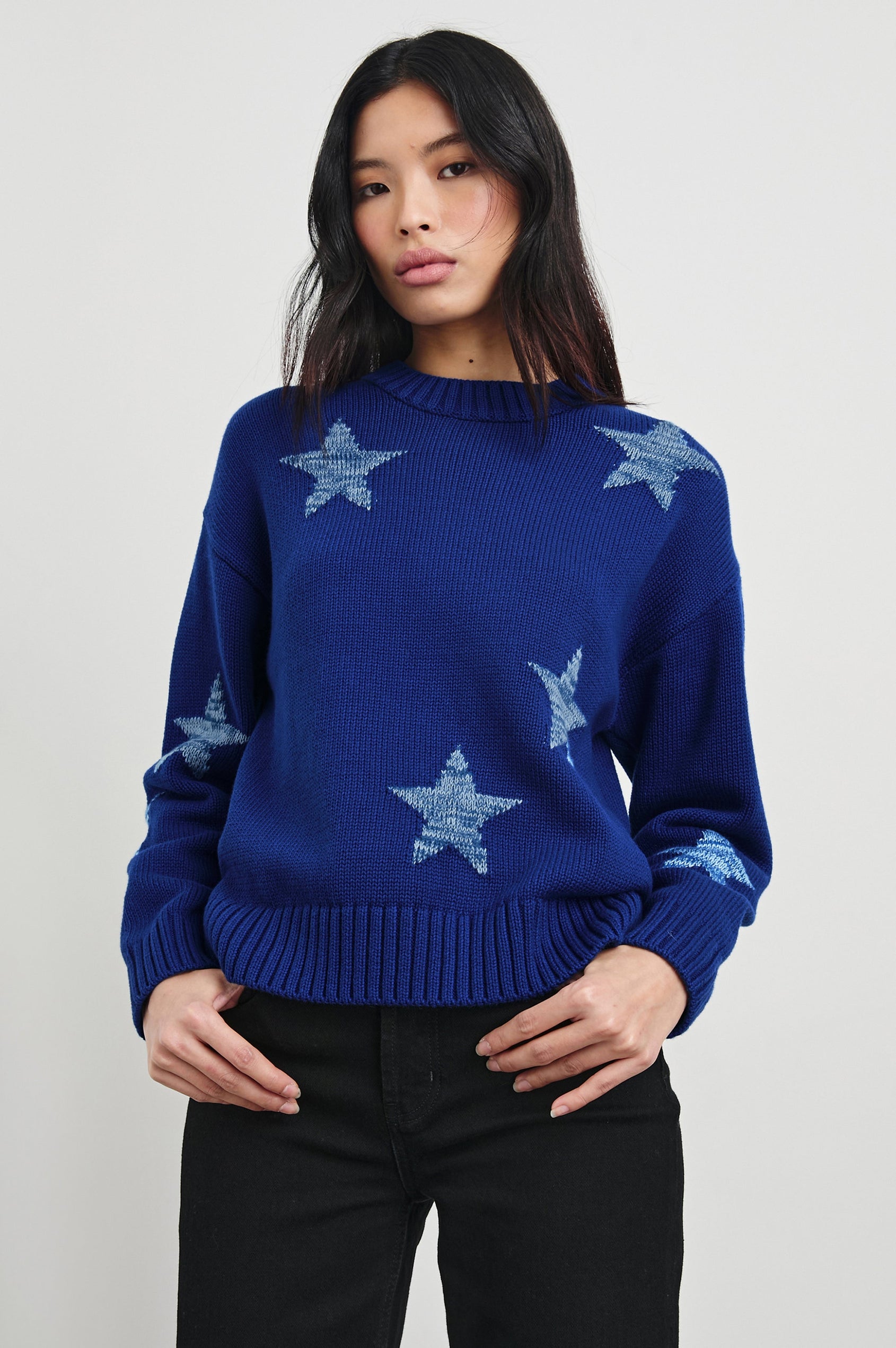Zoey Long-Sleeve Sweater with Crewneck and Ribbed Trims in Cobalt Galaxy Colorway, with light blue stars on cobalt - Front View Featured on Model