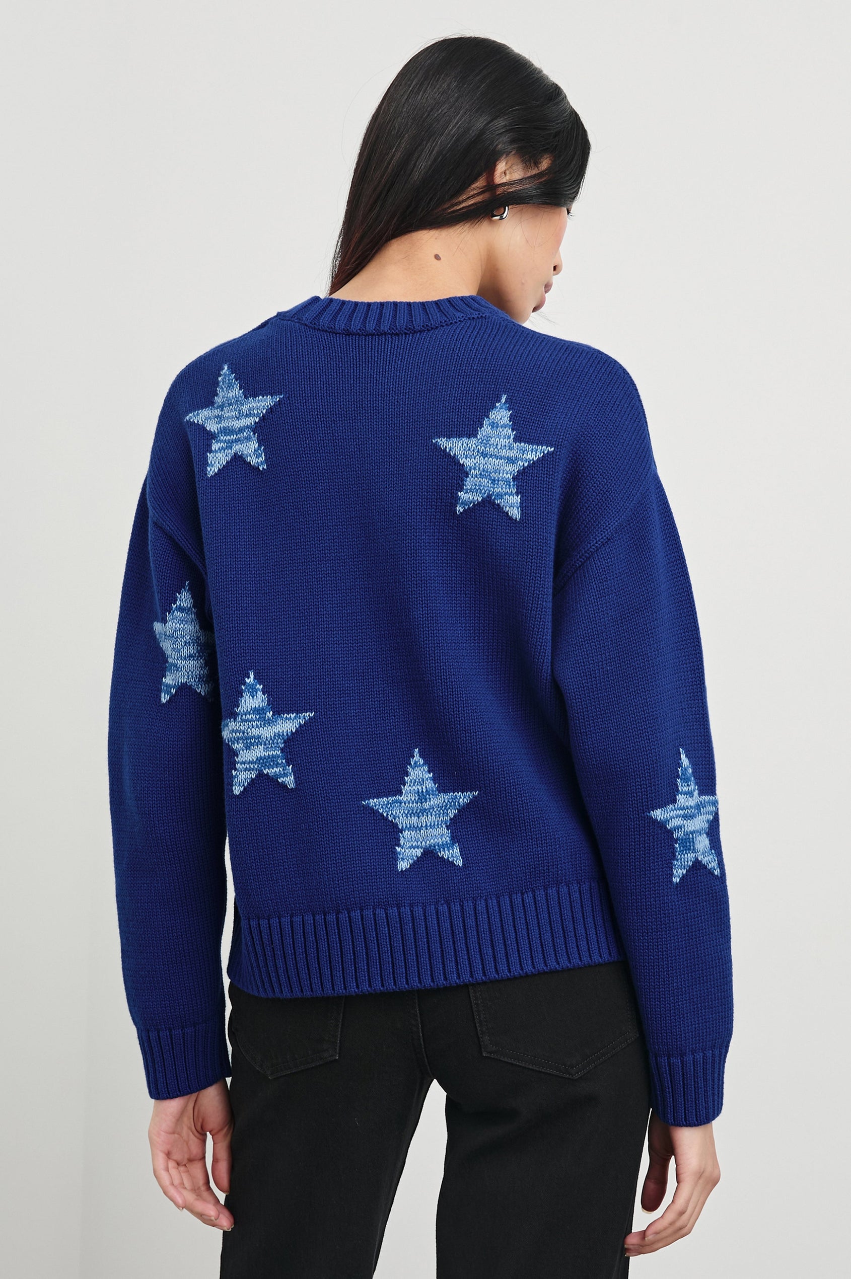 Zoey Long-Sleeve Sweater with Crewneck and Ribbed Trims in Cobalt Galaxy Colorway, with light blue stars on cobalt - Back View Featured on Model