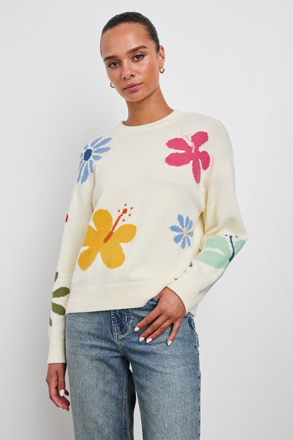 Zoey Long Sleeve Crew Neck Sweater With Multiple Colored Flowers In Colorway Ivory Hibiscus - Front Body View Featured On Model