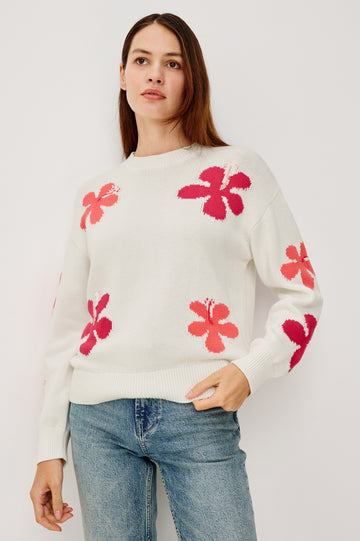 Zoey Crewneck Sweater in Cotton Blend With Floral Motifs, Dropped Shoulders, and Long Sleeves in Kauai Colorway - Upper Body Front View Featured on Model