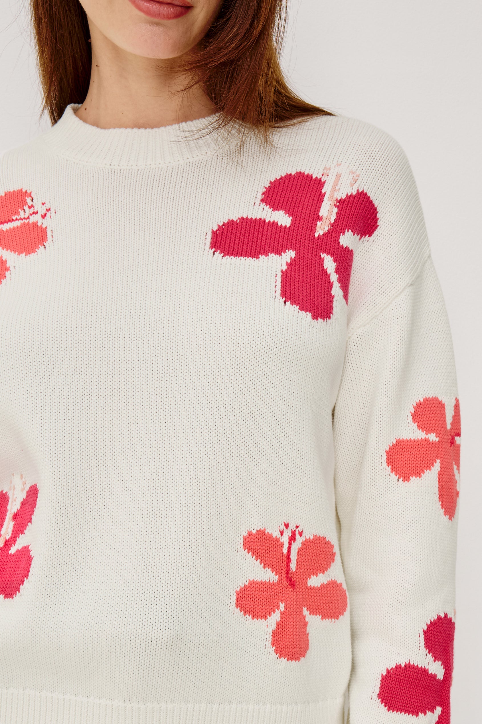 Zoey Crewneck Sweater in Cotton Blend With Floral Motifs, Dropped Shoulders, and Long Sleeves in Kauai Colorway - Upper Body Front Close Up View Featured on Model