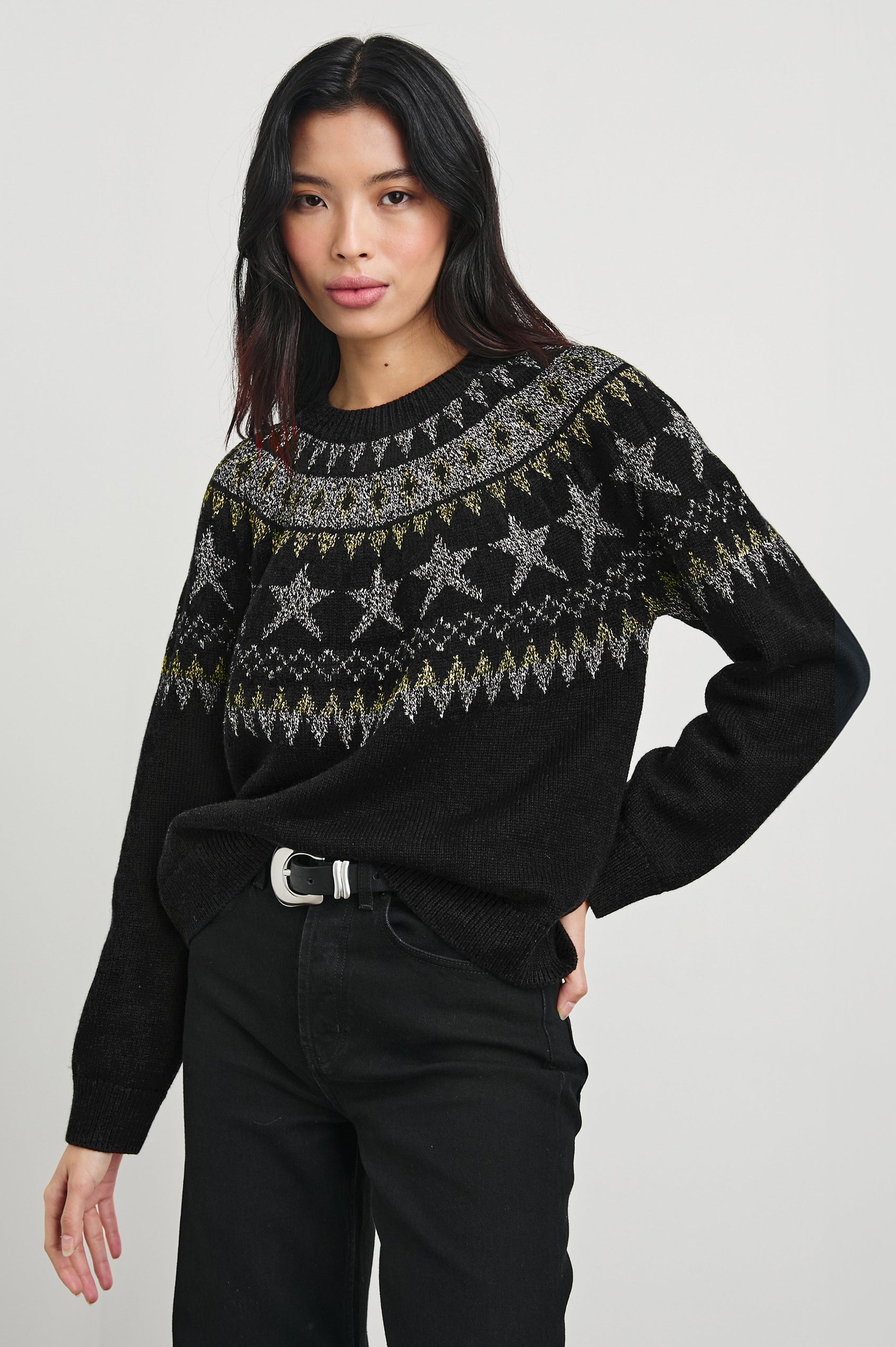 Zoey Long-Sleeve Sweater with Crewneck and Ribbed Trims in Metallic Fair Isle Colorway, with metallic geometric shapes on black - Front View Featured on Model