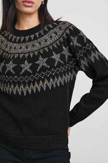 Zoey Long-Sleeve Sweater with Crewneck and Ribbed Trims in Metallic Fair Isle Colorway, with metallic geometric shapes on black - Front View Featured on Model