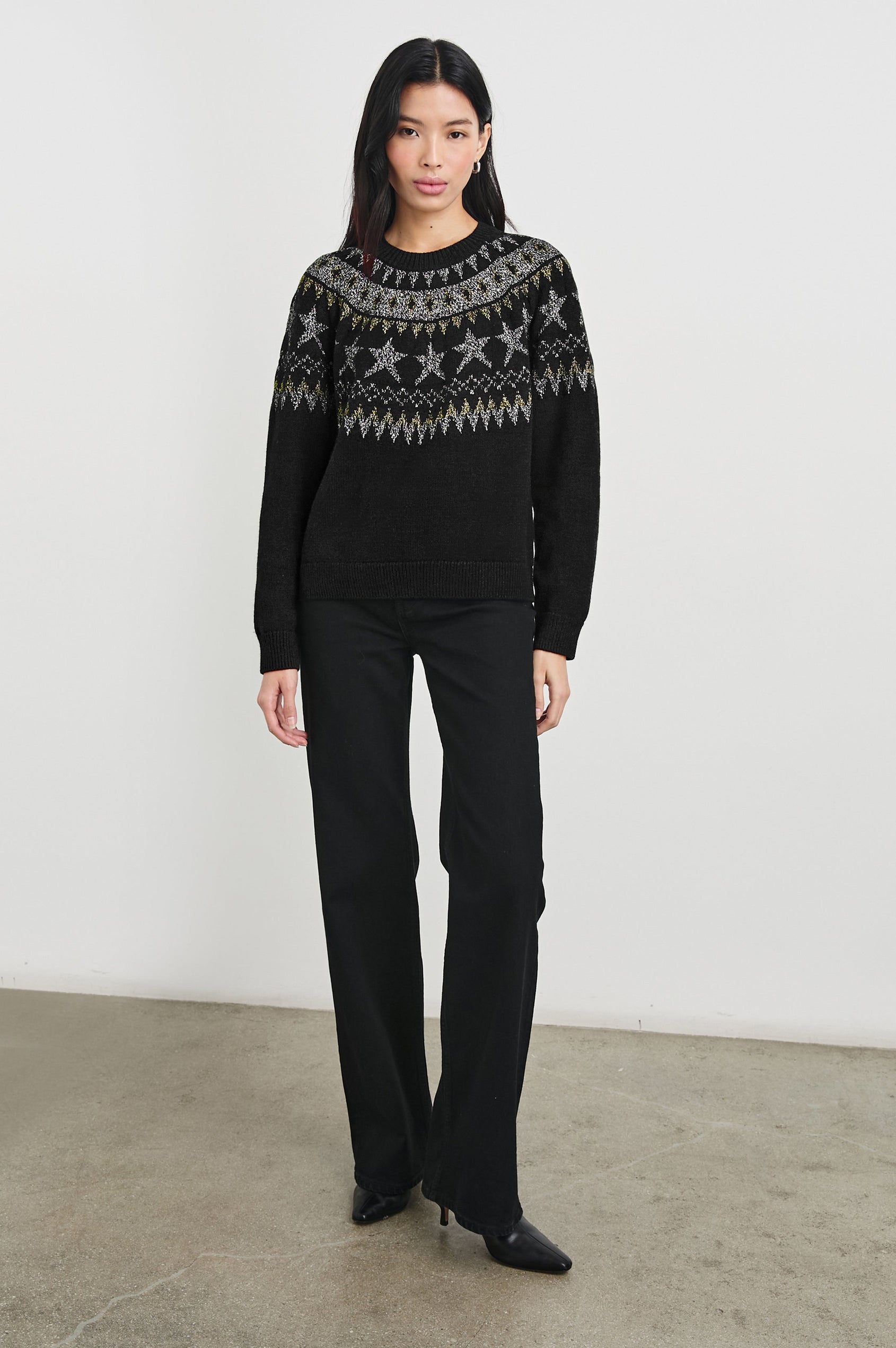 Zoey Long-Sleeve Sweater with Crewneck and Ribbed Trims in Metallic Fair Isle Colorway, with metallic geometric shapes on black - Front Full Body View Featured on Model