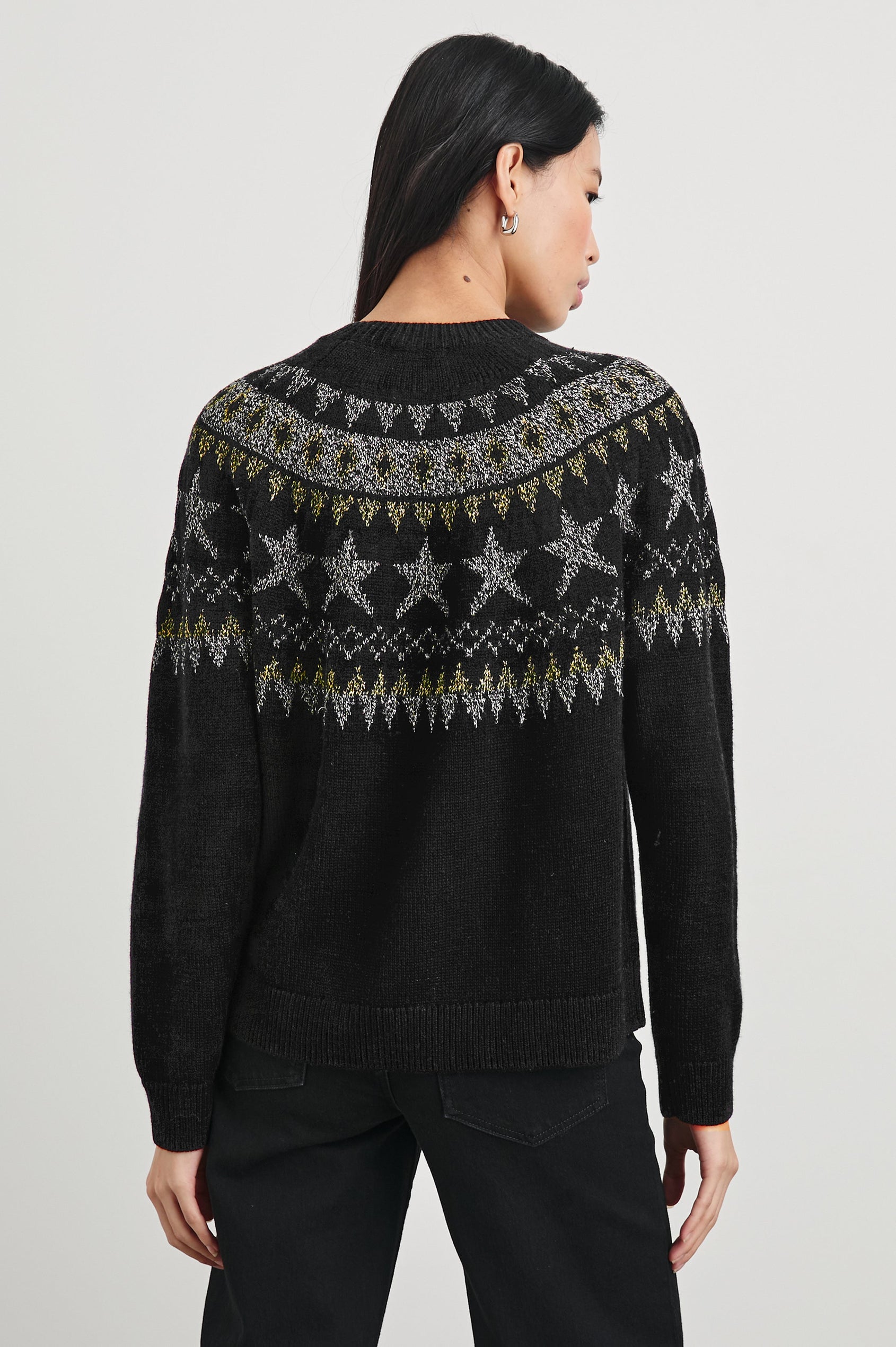 Zoey Long-Sleeve Sweater with Crewneck and Ribbed Trims in Metallic Fair Isle Colorway, with metallic geometric shapes on black - Back View Featured on Model