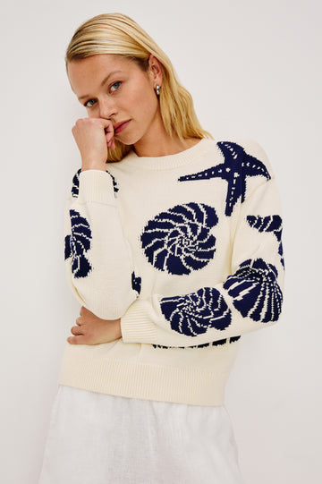 Zoey Crewneck Sweater in Cotton Blend Knit With Seashell Embroidery, Long Sleeves, Relaxed Fit, and Ribbed Trim - Upper Body Front View Featured on Model