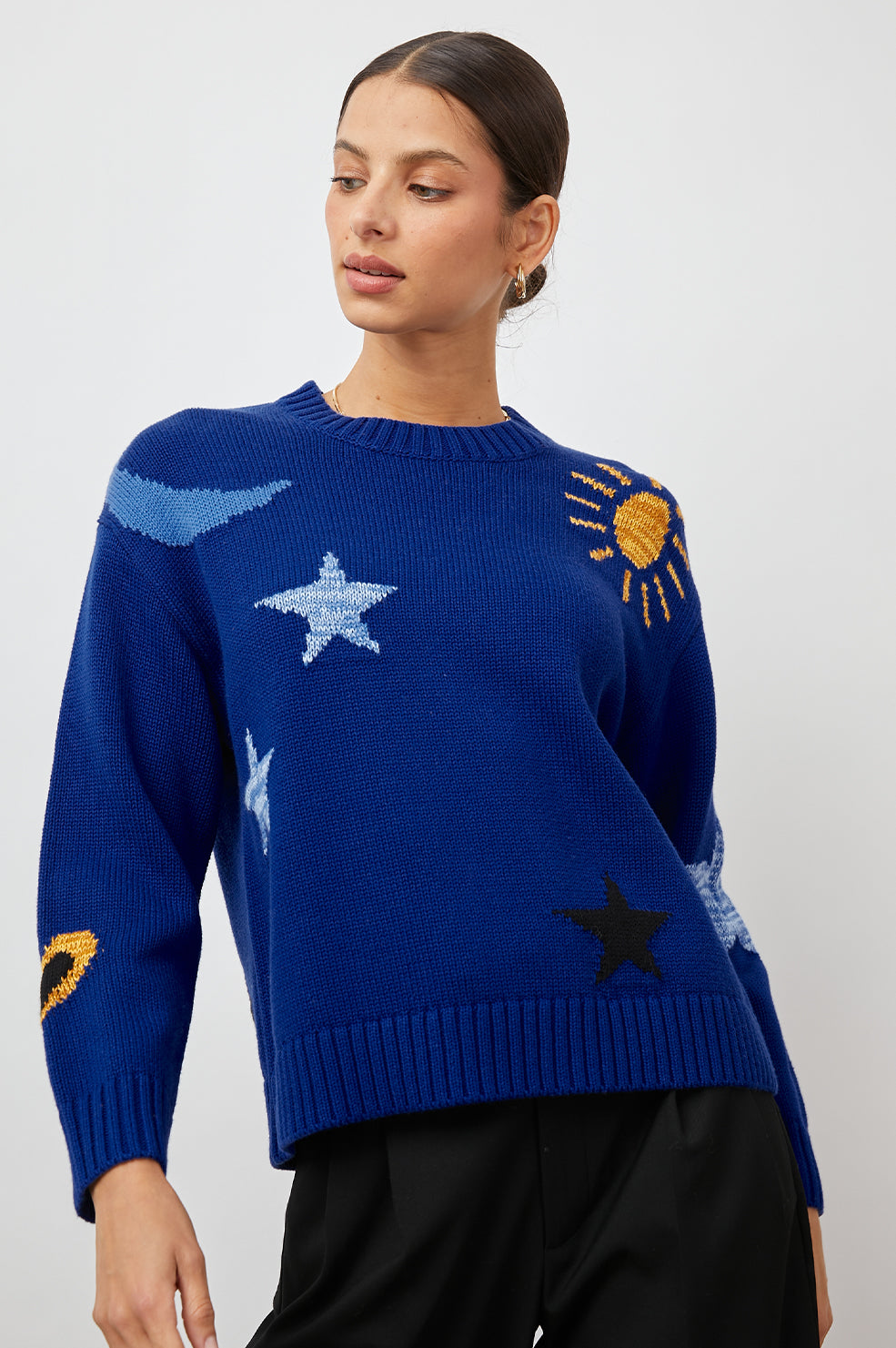 ZOEY COBALT GOLD GALAXY SWEATER-FRONT IN MOTION
