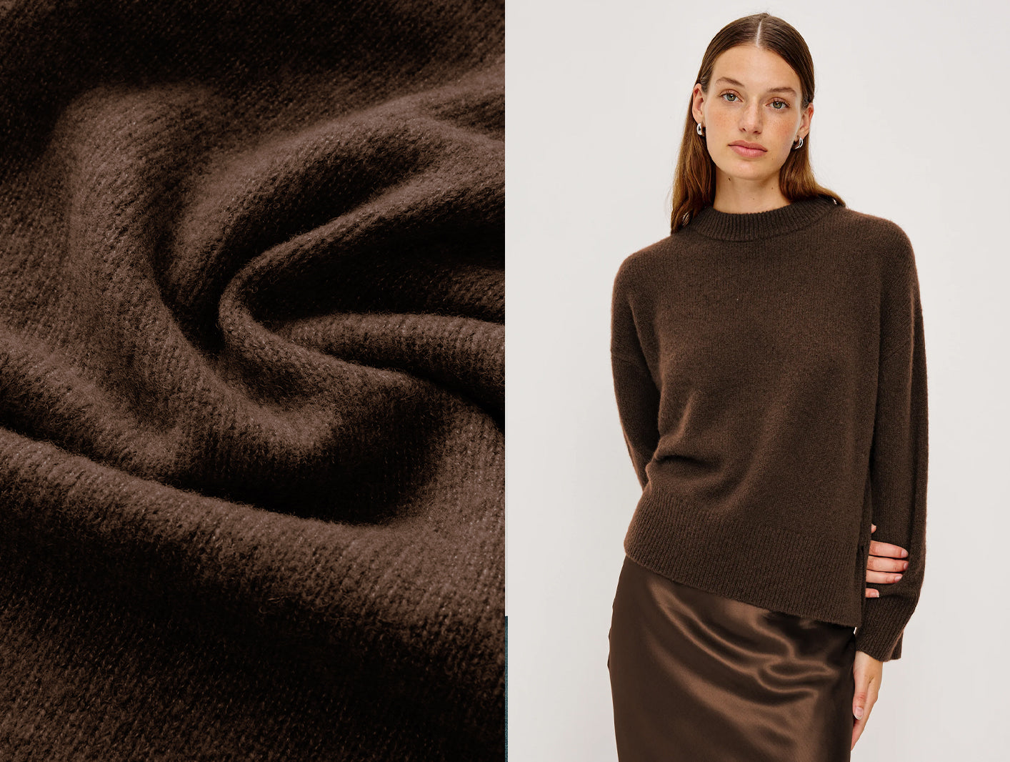 Brown fabric swatch and a woman wearing a brown sweater and satin skirt on a white background