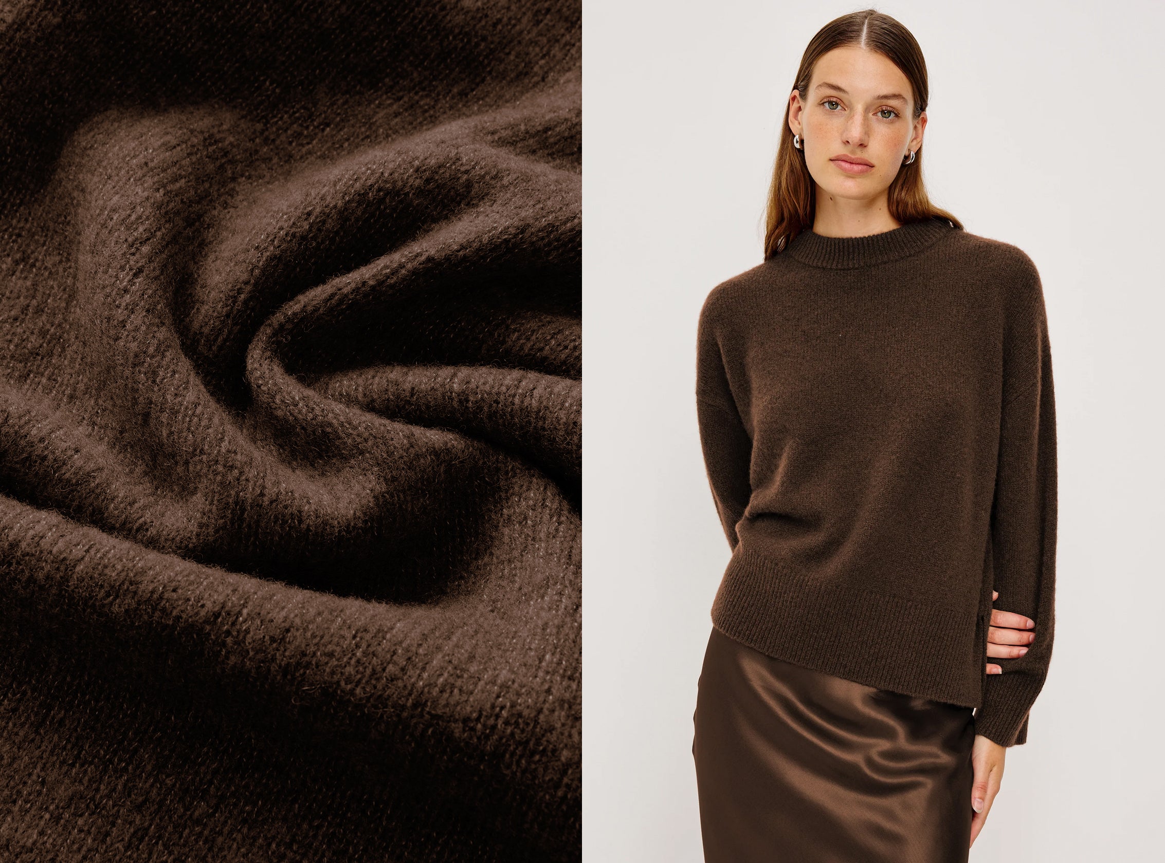 Brown fabric swatch and a woman wearing a brown sweater and satin skirt on a white background
