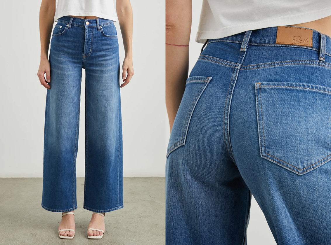 TWO SIDE BY SIDE IMAGES. FIRST IMAGE IS FRONT IMAGE OF GETTY WIDE LEG JEANS IN TIDAL WAVE. SECOND IMAGE IS BACK DETAIL IMAGE OF GETTY WIDE LEG JEANS.