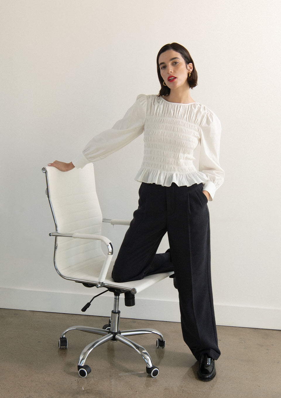Front editorial image of model wearing Tabi Top and Marnie Pant