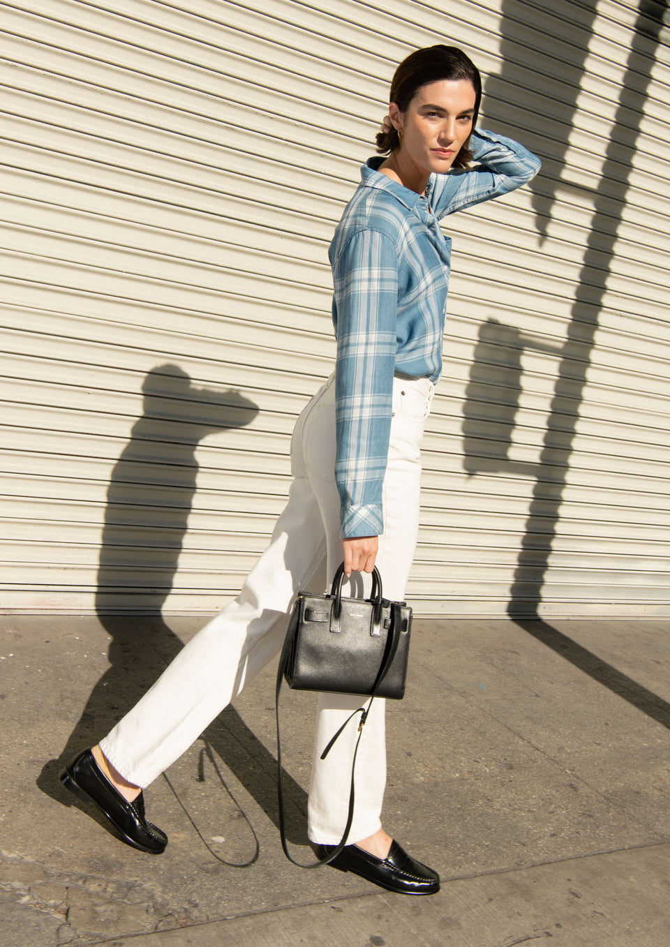 Side editorial image of model wearing Hunter Shirt