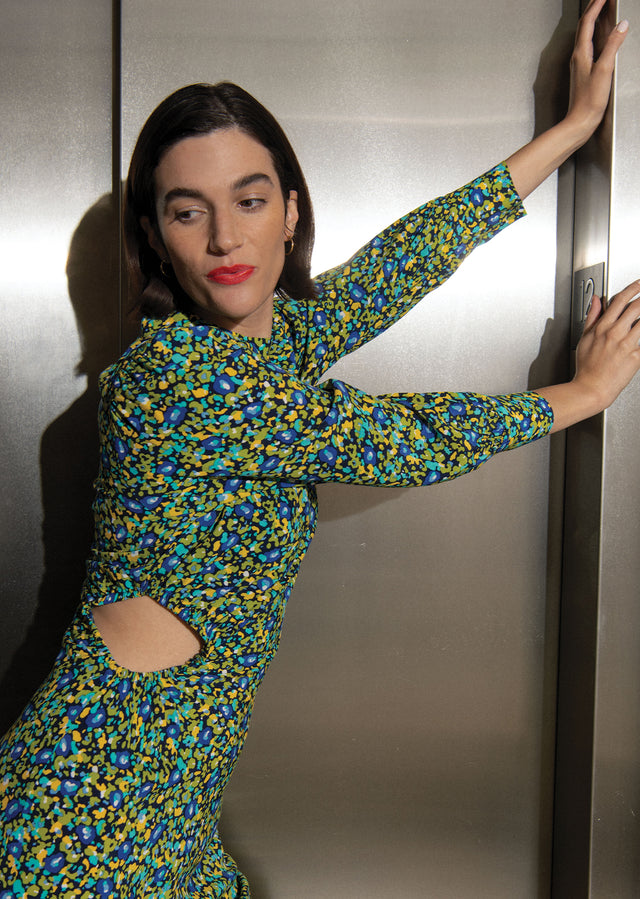 Side editorial image of model wearing Carmel Dress