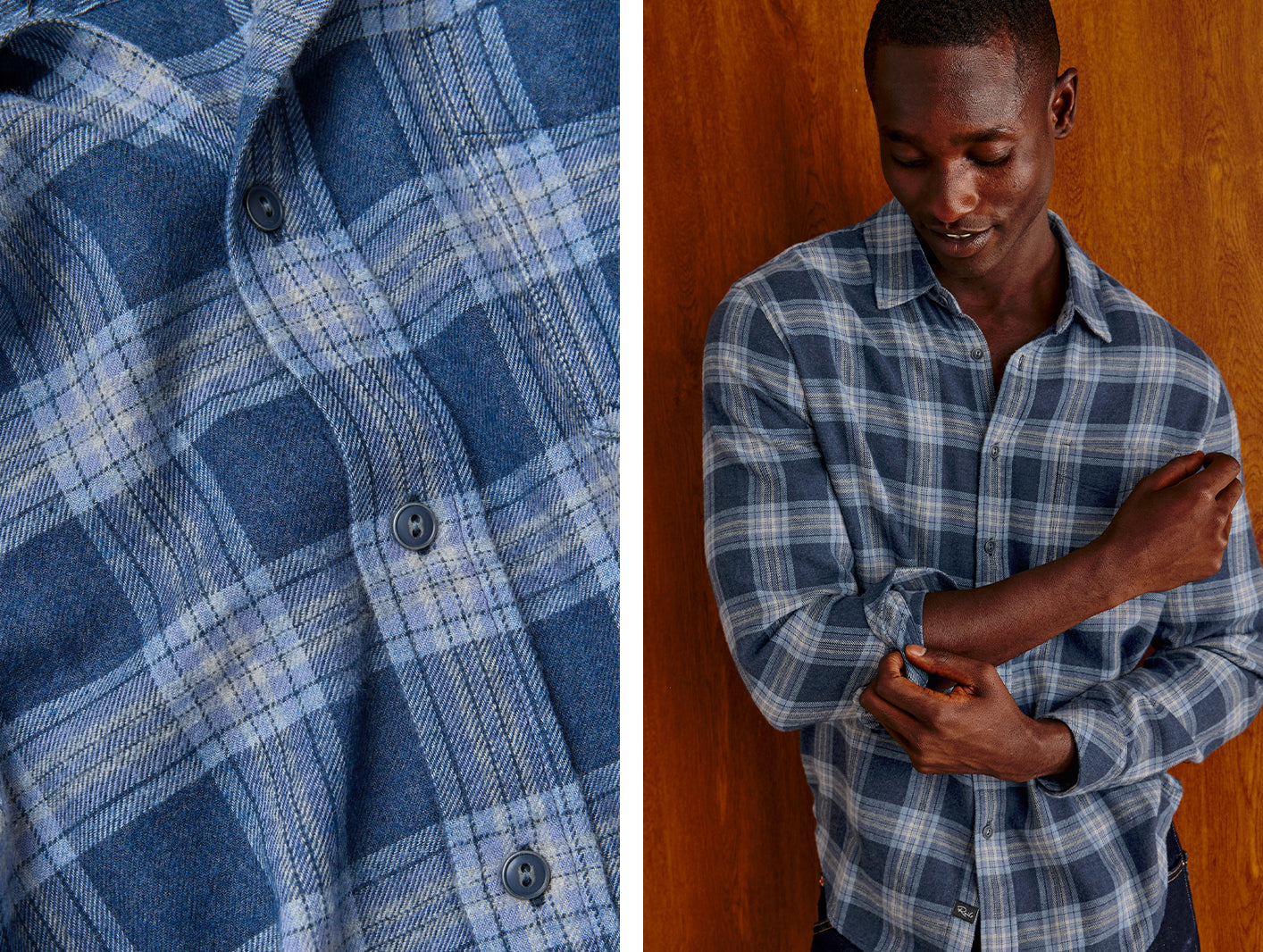 A man wearing a blue and white plaid button-up shirt, shown in a split image with a close-up of the shirt fabric on the left and a full-body view of him standing against a wooden wall on the right.
