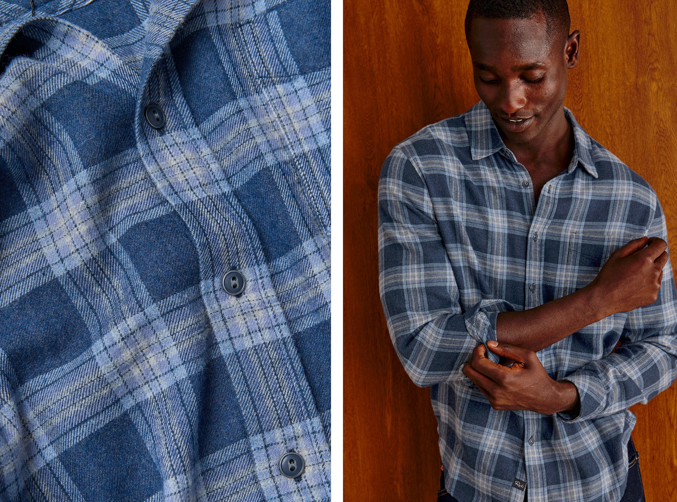 A man wearing a blue and white plaid button-up shirt, shown in a split image with a close-up of the shirt fabric on the left and a full-body view of him standing against a wooden wall on the right.