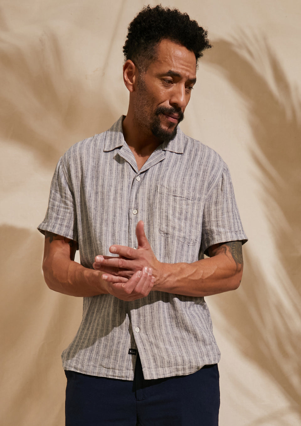 FRONT EDITORIAL IMAGE OF MODEL WEARING WAIMEA SHIRT AND CALLUM PANT