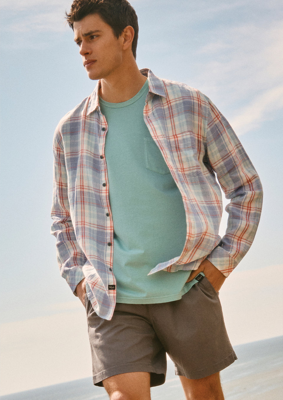 Front editorial image of model wearing Havana Shirt and Johnny T-shirt