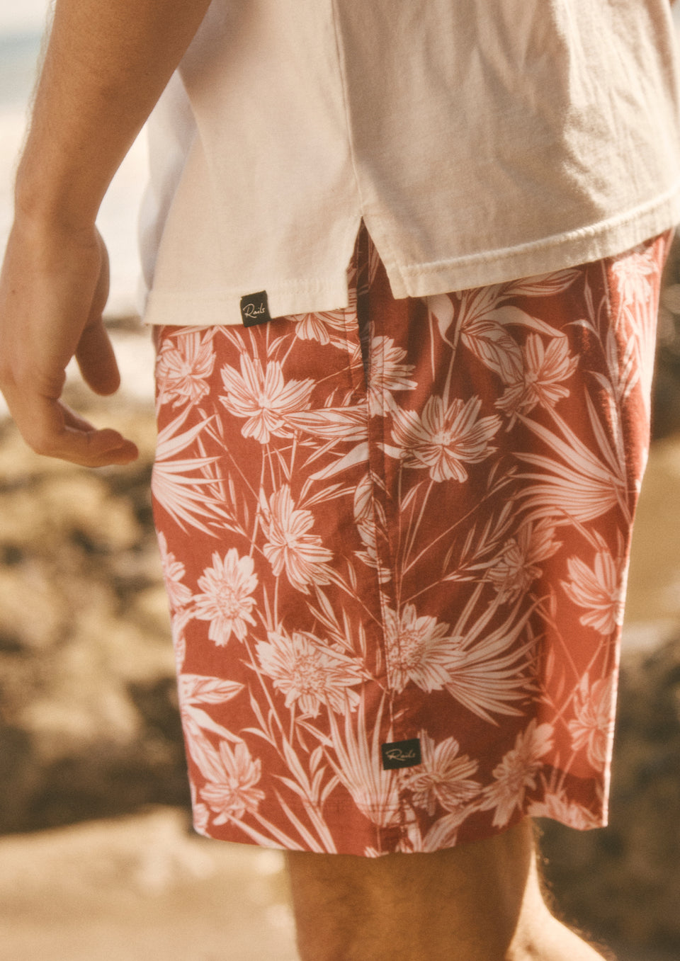 Detail editorial image of model wearing Kian Swim Short