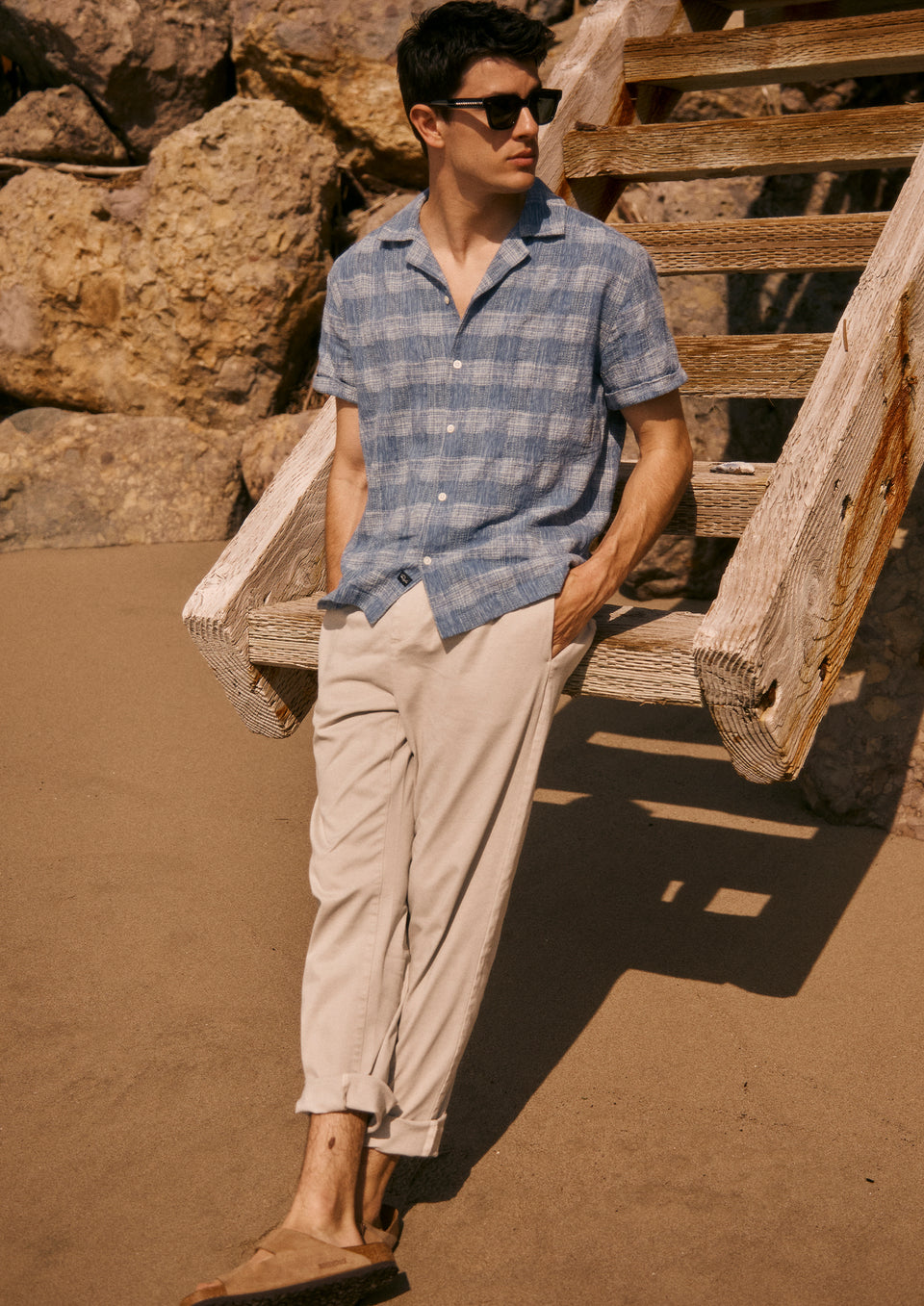 Front editorial image of model wearing Dresden Shirt and Julian Pant