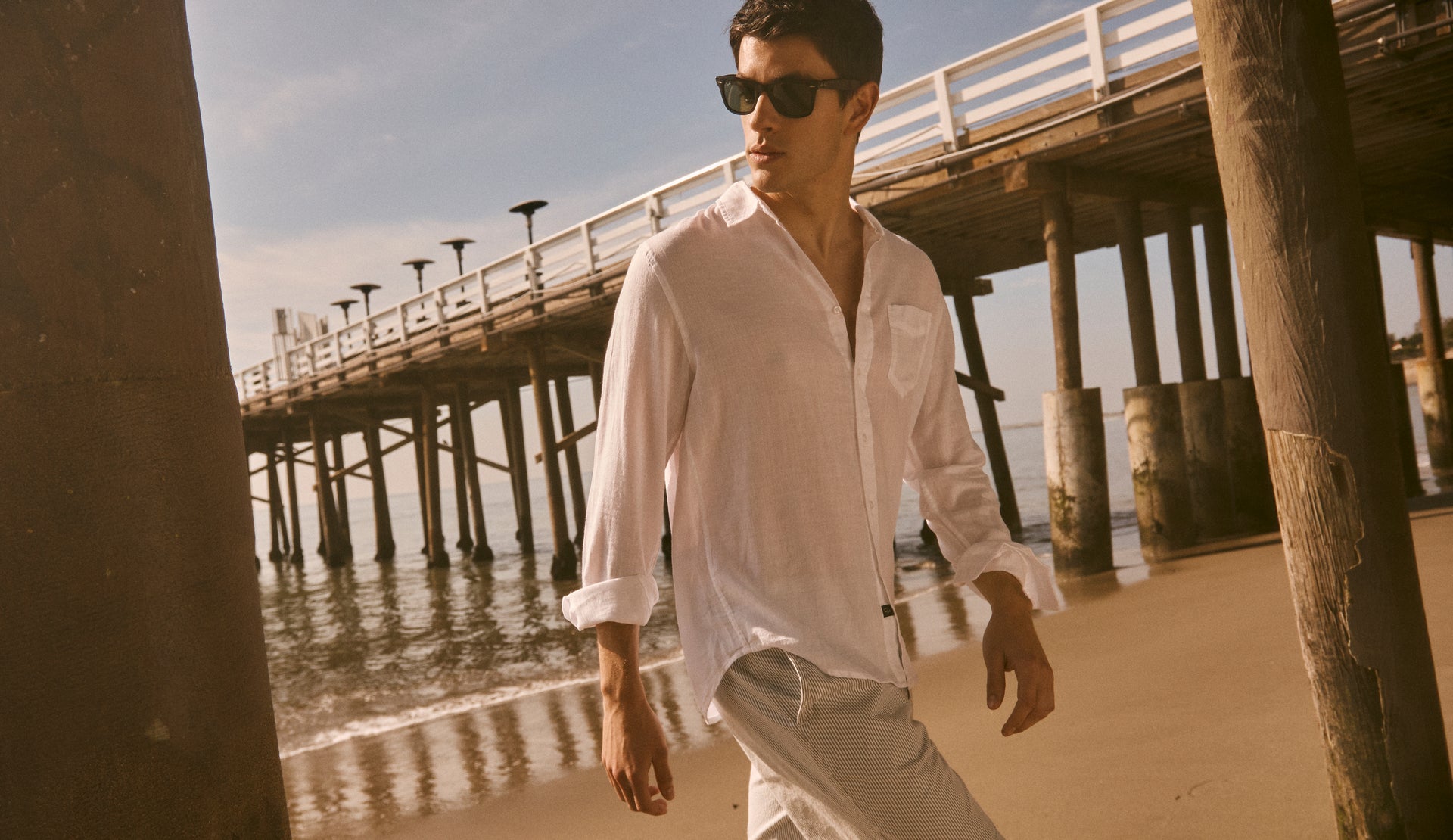 Editorial image of model wearing Wyatt Shirt and Arsene Shorts