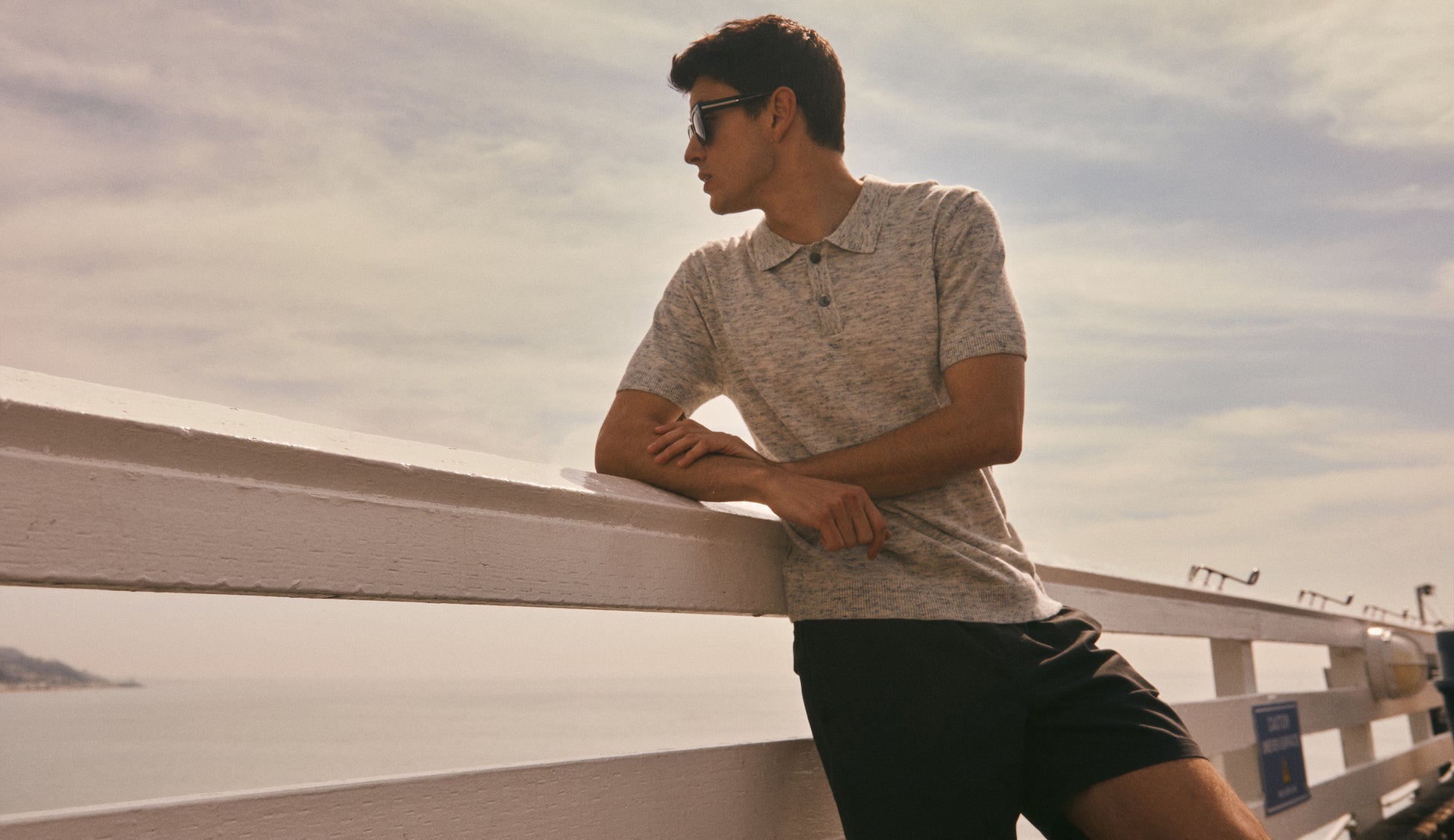 Editorial image of model wearing Levant Polo Shirt
