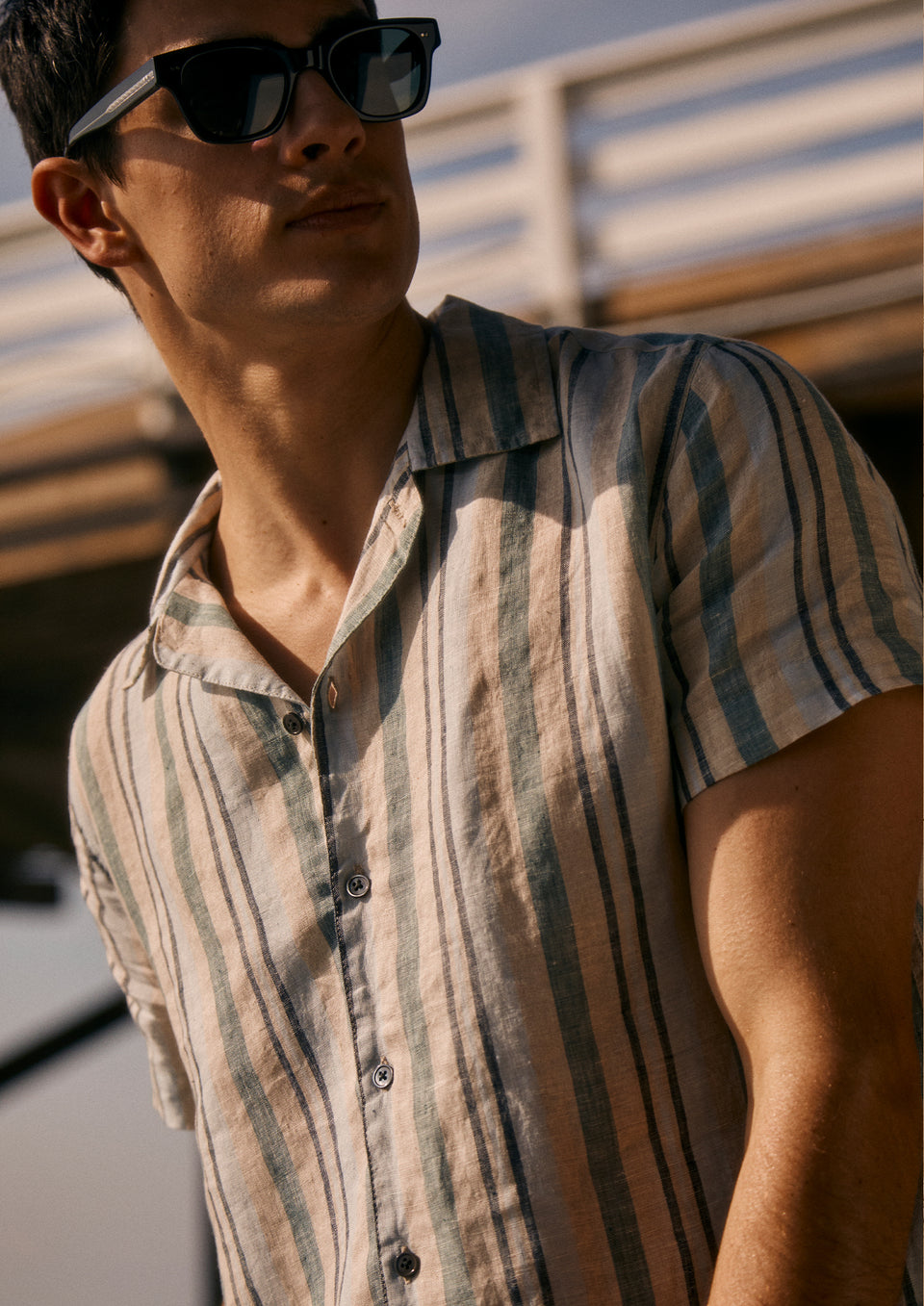 Detail editorial image of model wearing Amalfi Shirt 